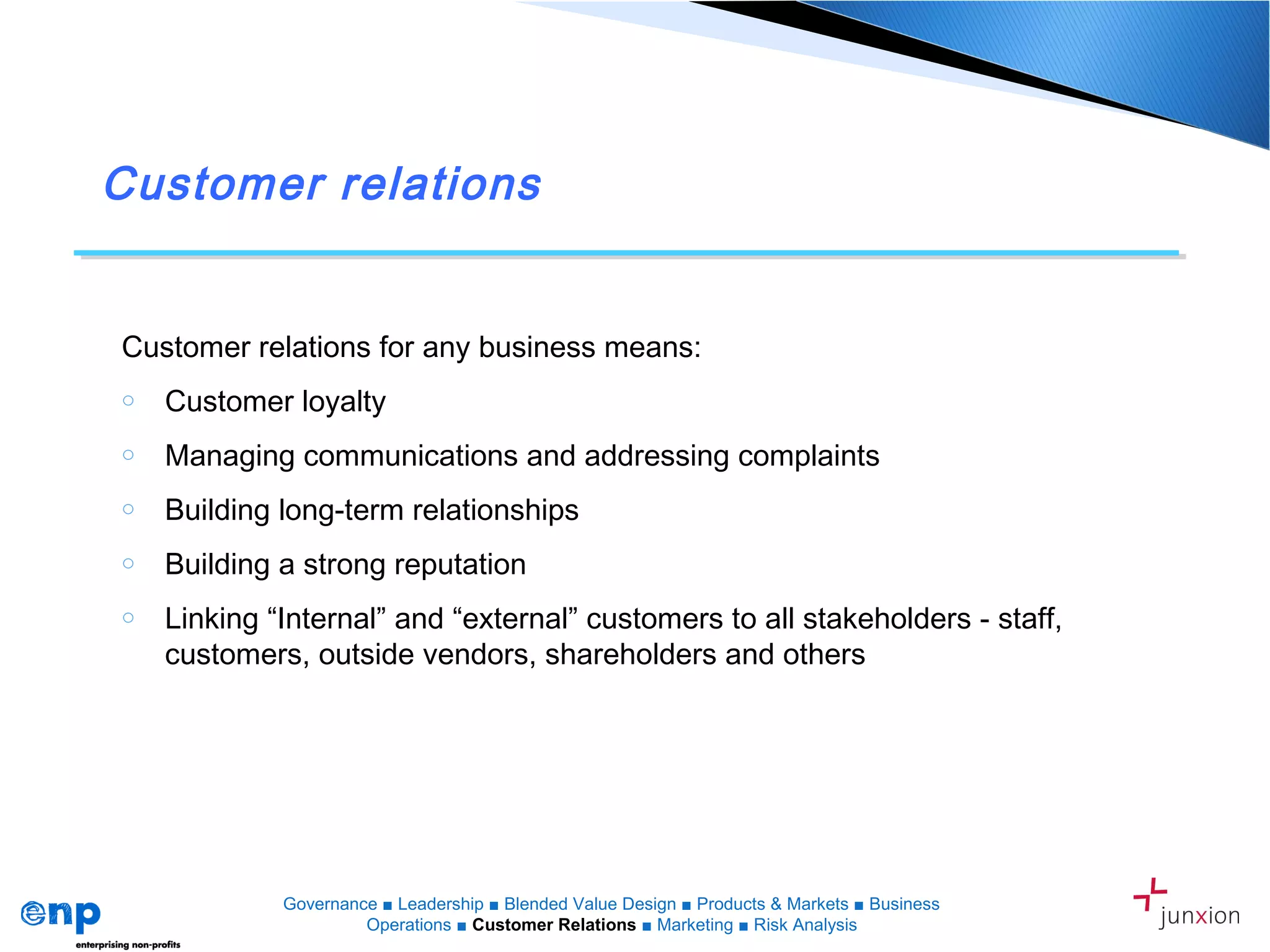 Customer relations
Customer relations for any business means:
o Customer loyalty
o Managing communications and addressing complaints
o Building long-term relationships
o Building a strong reputation
o Linking “Internal” and “external” customers to all stakeholders - staff,
customers, outside vendors, shareholders and others
Governance ■ Leadership ■ Blended Value Design ■ Products & Markets ■ Business
Operations ■ Customer Relations ■ Marketing ■ Risk Analysis
 