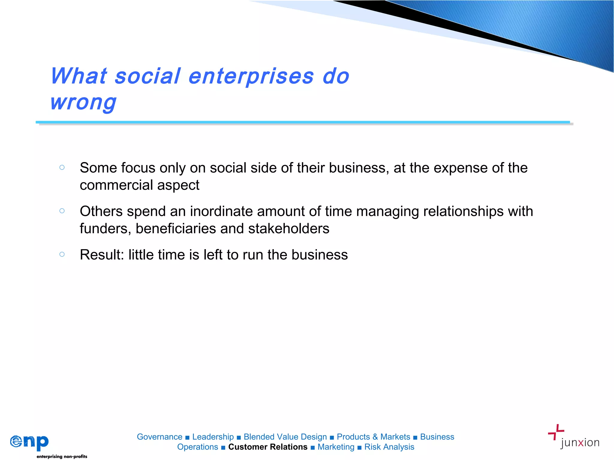What social enterprises do
wrong
o Some focus only on social side of their business, at the expense of the
commercial aspect
o Others spend an inordinate amount of time managing relationships with
funders, beneficiaries and stakeholders
o Result: little time is left to run the business
Governance ■ Leadership ■ Blended Value Design ■ Products & Markets ■ Business
Operations ■ Customer Relations ■ Marketing ■ Risk Analysis
 