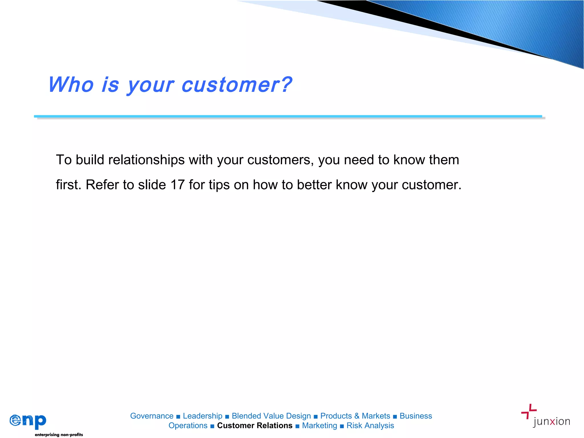 Who is your customer?
To build relationships with your customers, you need to know them
first. Refer to slide 17 for tips on how to better know your customer.
Governance ■ Leadership ■ Blended Value Design ■ Products & Markets ■ Business
Operations ■ Customer Relations ■ Marketing ■ Risk Analysis
 