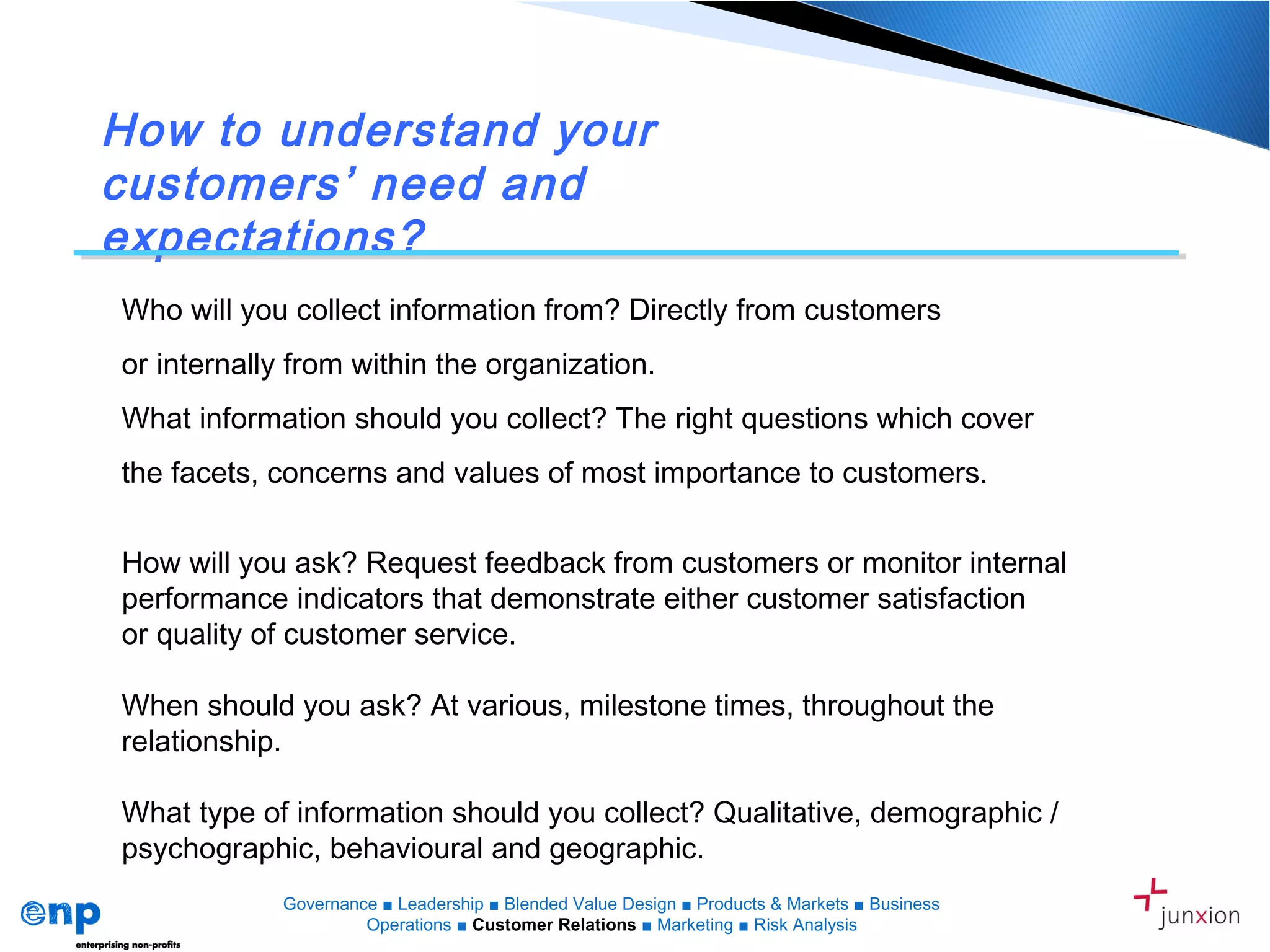 How to understand your
customers’ need and
expectations?
Who will you collect information from? Directly from customers
or internally from within the organization.
What information should you collect? The right questions which cover
the facets, concerns and values of most importance to customers.
How will you ask? Request feedback from customers or monitor internal
performance indicators that demonstrate either customer satisfaction
or quality of customer service.
When should you ask? At various, milestone times, throughout the
relationship.
What type of information should you collect? Qualitative, demographic /
psychographic, behavioural and geographic.
Governance ■ Leadership ■ Blended Value Design ■ Products & Markets ■ Business
Operations ■ Customer Relations ■ Marketing ■ Risk Analysis
 
