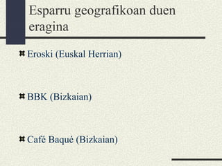 Esparru geografikoan duen
eragina
Eroski (Euskal Herrian)
BBK (Bizkaian)
Café Baqué (Bizkaian)
 