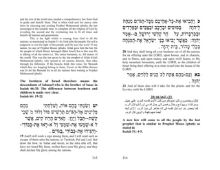 and the rest of the world also needed a comprehensive law from God
to guide and benefit them. That is when God sent his mercy onto            ‫כ ְה ִיאוּ ֶת- ָל-א ֵי ֶם מ ָל- ַגּוִֹם מְ ָה‬
                                                                            ‫ו ֵ ב א כּ ֲ ח כ ִ כּ ה י ִ נח‬
them by choosing and sending Prophet Muhammad (pbuh), the last
messenger at the suitable time, to complete all the religion of God by     ‫ַסּוּ ִים וּבר ֶב וּבצּ ִים וּבפּר ִים‬
                                                                             ‫ַיהָה בּ ס ָ ֶ כ ַ ַ בּ ַ ְ ָ ד‬        ‫ל ו‬
revealing the second and the everlasting law to fit all times and
benefit all nations and generations.                                       ‫וּבכּר ָרוֹת, ַל ַר ק ְשׁי ְרוּשׁ ִַם--אָ ַר‬
                                                                            ‫מ‬       ‫ע ה ָד ִ י ָ ל‬             ‫ַ ִ ְכּ‬
          This is the light which is coming from God to all the
nations; as mentioned in (Isaiah 51:4), God tells the people: He will a    ‫ְהָה: כּ ֲשׁר ָ ִיאוּ בֵי ִשׂר ֵל ֶת-המְּ ָה‬
                                                                            ‫י ו ַ א ֶ יב ְ נ י ְ ָ א א ַ ִ נח‬
judgment to rest for light of the people and He uses the word ‘O my
nation. In case of Prophet Moses (pbuh), Allah gave him the law for                           . ‫בּכ ִי ָהוֹר, ֵית ְהָה‬
                                                                                                  ‫בּ י ו‬       ‫ִ ְל ט‬
the people of which Moses belonged (Bani Israel) but in this case He       20 And they shall bring all your brethren out of all the nations
is talking of all the nation i.e. The entire humanity, ie. All maters of   for an offering unto the LORD, upon horses, and in chariots,
the world. This was the law given to the last prophet of Allah (God)       and in fitters, and upon mules, and upon swift beasts, to My
Muhammad (pbuh), who spread to all nations directly, then after
                                                                           holy mountain Jerusalem, saith the LORD, as the children of
through his followers. If the Israelis think this verse, for Messiah
which they are hopping belong to them, Verses in the Bible discuss         Israel bring their offering in a clean vessel into the house of the
was fit for the Messiah for to all the nations been waiting is Prophet     LORD.
Muhammad (pbuh).
                                                                              ‫כא ְַם-מ ֶם א ַח ַכֹּהִים ללִִם, אָ ַר‬
                                                                               ‫וג ֵ ה ֶ קּ ל ֲ נ ַ ְ ויּ מ‬
The brethren of Israel therefore means the                                                                   . ‫ְהָה‬
                                                                                                                ‫י ו‬
descendants of Ishmael who is the brother of Isaac in                      21 And of them also will I take for the priests and for the
Isaiah 66:20. The difference between brethren and                          Levites, saith the LORD.
children is made very clear.
Isaiah 66: 19-21                                                                                    20) 66 ‫12(–أﺷﻌﻴﺎ‬
                                                                            ‫02( وﻳﺤﻀ ﺮون آ ﻞ إﺧ ﻮﺗﻜﻢ ﻣ ﻦ آ ﻞ اﻷﻣ ﻢ ﺗﻘﺪﻣ ﻪ ﻟﻠ ﺮب ﻋﻠ ﻰ ﺧﻴ ﻞ‬
‫מ ֶם‬
  ‫ֵה‬          ‫יט ְשׂמ ִי ב ֶם אוֹת, ְשׁלּח ִי‬
               ‫ו ִ ַ ְתּ‬         ‫ו ַ ְתּ ָה‬                                   ‫وﺑﻤﺮآﺒﺎت وﺑﻬ ﻮادج وﺑﻐ ﺎل وهﺠ ﻦ إﻟ ﻰ ﺟﺒ ﻞ ﻗﺪﺳ ﻲ أورﺷ ﻠﻴﻢ ﻗ ﺎل اﻟ ﺮب‬
                                                                            ‫آﻤﺎ ﻳﺤﻀﺮ ﺑﻨﻮ إﺳﺮاﺋﻴﻞ ﺗﻘﺪﻣﻪ ﻓﻲ إﻧﺎء ﻃﺎهﺮ إﻟﻰ ﺑﻴﺖ اﻟﺮب. 12( وأﺗﺨﺬ‬
 ‫פּ ֵי ִים ֶל- ַגּוִֹם תּ ְשׁישׁ פּוּל ְלוּד מֹשׁ ֵי‬
  ‫ְכ‬        ‫ו‬         ִ ‫ְל ט א ה י ַ ר‬                                      .‫أﻳﻀﺎ ﻣﻨﻬﻢ آﻬﻨﺔ وﻻوﻳﻴﻦ ﻗﺎل اﻟﺮب‬
                                                                                                         ً
   ‫ֶשׁת--תּ ַל ְָָן: האִים ה ְחֹ ִים, ֲשׁר‬
     ֶ ‫ק ֶ ֻ ב ויו ָ ִ יּ ָ ר ק א‬                                           A new law will come to all the people by the last
-‫לֹא-שׁ ְעוּ ֶת-שׁמ ִי ְלֹא- ָאוּ ֶת- ְבוֹ ִי‬
  ‫ר א כּ ד‬             ‫ָ מ א ִ ְע ו‬                                         prophet that is similar to Prophet Moses (pbuh) as
                                                                           stated in
                  . ‫-ְהִידוּ ֶת- ְבוֹ ִי , ַגּוִֹם‬
                     ‫וִגּ א כּ ד בּ י‬                                         Isaiah 51: 4-5.
19 And I will work a sign among them, and I will send such as
escape of them unto the nations, to Tarshish, Pul and Lud, that
draw the bow, to Tubal and Javan, to the isles afar off, that
have not heard My fame, neither have seen My glory; and they
shall declare My glory among the nations.

                                                                   215     216
 