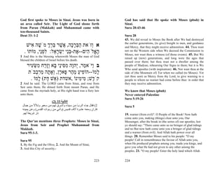 God first spoke to Moses in Sinai. Jesus was born in                   God has said that He spoke with Moses (pbuh) in
an area called Seir. The Light of God shone forth                      Sinai.
from Paran (Makkah) and Muhammad came with                             Sura 28:43-46
ten-thousand Saints.
Deut 33: 1-2                                                           Sura 28
                                                                       43. We did reveal to Moses the Book after We had destroyed
                                                                       the earlier generations, (to give) Insight to men, and guidance
    ‫א ְזֹאת הבּר ָה, ֲשׁר בּרך מֹשׁה ִישׁ‬
       ‫ַ ְ ָכ א ֶ ֵ ַ ְ ֶ א‬           ‫ו‬                                and Mercy, that they might receive admonition. 44. Thou wast
   . ‫ה ֱלֹ ִים-- ֶת-בֵּי ִשׂר ֵל: לפֵי, מוֹתוֹ‬
            ‫ָא ה א ְנ י ְ ָא ִ ְנ‬                                      not on the Western side when We decreed the Commission to
                                                                       Moses, nor wast thou a witness (of those events). 45. But We
1 And this is the blessing wherewith Moses the man of God              raised up (new) generations, and long were the ages that
blessed the children of Israel before his death.
                                                                       passed over them; but thou wast not a dweller among the
     ‫ב ַיֹּא ַר, ְהָה מ ִיַי ָא ְָ ַח ִשּׂ ִיר‬
       ‫ו מ י ו ִ סּ נ בּ וזר מ ֵ ע‬                                       people of Madyan, rehearsing Our Signs to them; but it is We
                                                                       Who send apostles (with inspiration). 46. Nor wast thou at the
      ‫ָמוֹ--הוֹ ִיע מ ַר ָא ָן, ְאָ ָה מר ְבֹת‬
          ‫פ ַ ֵה פּ ר ו ת ֵ ִב‬             ‫ל‬                            side of (the Mountain of) Tur when we called (to Moses). Yet
                                                                       (art thou sent) as Mercy from thy Lord, to give warning to a
       . ‫קֹ ֶשׁ; ִי ִינוֹ ,אשדת ) ֵשׁ ָת( ָמוֹ‬
           ‫א דּ ל‬                 ‫ד ממ‬                                  people to whom no warner had come before thee: in order that
2 And he said: The LORD came from Sinai, and rose from                 they may receive admonition.
Seir unto them; He shined forth from mount Paran, and He
came from the myriads holy, at His right hand was a fiery law          We know that Moses (pbuh)
unto them.                                                             Never entered Palestine
                                                                       Sura 5:19-26
                            (2) 33 ‫اﻟﺘﺜﻨﻴﺔ‬
 ‫2( ﻓﻘﺎل ﺟ ﺎء اﻟ ﺮب ﻣ ﻦ ﺳ ﻴﻨﺎء وأﺷ ﺮق ﻟﻬ ﻢ ﻣ ﻦ ﺳ ﻌﻴﺮ وﺗ ﻸﻷ ﻣ ﻦ ﺟﺒ ﺎل‬
                                                  ّ                    Sura 5
 ‫ﻓﺎران وﻣﻌ ﻪ ﻋﺸ ﺮة ﺁﻻف ﻗ ﺪﻳﺲ )وﺁﺗ ﻲ ﻣ ﻦ رﺑ ﻮات اﻟﻘ ﺪس( وﻋ ﻦ ﻳﻤﻴﻨ ﻪ‬
 .‫ﻧﺎر ﺷﺮﻳﻌﺔ ﻟﻬﻢ‬                                                        19. warner (from evil)": O People of the Book! Now hath
                                                                       come unto you, making (things) clear unto you, Our
The Qur’an mentions three Prophets: Moses in Sinai,                    Messenger, after the break in (the series of) our apostles, lest
Jesus from Seir and Prophet Muhammad from                              ye should say: "There came unto us no bringer of glad tidings
Makkah.                                                                and no But now hath come unto you a bringer of glad tidings
Sura 95:1-3.                                                           and a warner (from evil). And Allah hath power over all
                                                                       things. 20. Remember Moses said to his people: "O my
Sura 95                                                                people! Call in remembrance the favour of Allah unto you,
1. By the Fig and the Olive, 2. And the Mount of Sinai,                when He produced prophets among you, made you kings, and
3. And this City of security,-                                         gave you what He had not given to any other among the
                                                                       peoples. 21. "O my people! Enter the holy land which Allah


                                                                 223   224
 