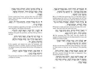 ‫ג ֱלוֹהּ מ ֵי ָן ָבוֹא, ְ ָדוֹשׁ מ ַר- ָא ָן‬
      ‫ֵה פּ ר‬        ‫וק‬      ‫א ַ ִתּ מ י‬                                , ‫ח הבְה ִים, ח ָה ְהָה--אם בְּה ִים אַפּך‬
                                                                        ֶָ     ‫ֲ ִנָר ָר י ו ִ ַנָּר‬
       ‫ס ָה; כּ ָה שׁמִם הוֹדוֹ, וּתה ָתוֹ מ ְאָה‬
          ‫ְ ִלּ ָל‬             ‫ֶ ל ִסּ ָ ַ י‬                                 ,‫ִם-בָּם עברתך: ִי תר ַב ַל-סוּ ֶיך‬
                                                                            ָ‫ס‬      ‫א ַיּ ֶ ְ ָ ֶ ָ כּ ִ ְכּ ע‬
                                      . ‫ָאָ ֶץ‬
                                         ‫ה ר‬                                                 . ‫מר ְבֹ ֶיך ְשׁוּ ָה‬
                                                                                                ‫ַ ְכּ ת ָ י ע‬
3 God cometh from Teman, and the Holy One from mount                  8 Is it, O LORD, that against the rivers, is it that Thine anger is
Paran. Selah His glory covereth the heavens, and the earth is         kindled against the rivers, or Thy wrath against the sea? that
full of His praise.                                                   Thou dost ride upon Thy horses, upon Thy chariots of victory?
,‫ד ְנַֹהּ ָאוֹר תּהֶה, קרִַם מָדוֹ לוֹ; ְשׁם‬
  ָ‫ו‬       ‫ִ ְ י ַ ְ ני ִ יּ‬   ‫ו ג כּ‬                                    ‫ט ערָה ֵעוֹר ַשׁתּך, שׁ ֻעוֹת ַטּוֹת אֹ ֶר‬
                                                                        ‫מ‬       ‫ֶ ְי ת ק ְ ֶ ָ ְ ב מ‬
                            . ‫ח ְיוֹן ֻזֹּה‬
                                 ‫ֶב ע‬                                                . ‫ס ָה; ְ ָרוֹת, תּב ַע-אָ ֶץ‬
                                                                                        ‫ְ ַקּ ר‬        ‫ֶ ל נה‬
4 And a brightness appeareth as the light; rays hath He at His        9 Thy bow is made quite bare; sworn are the rods of the word.
side; and there is the hiding of His power.                           Selah Thou dost cleave the earth with rivers.
    . ‫ה לפָיו, ֵלך דּ ֶר; ְֵֵא ֶשׁף, לרְ ָיו‬
        ‫ְ ָ נ י ֶ ְ ָ ב ו יצ ר ֶ ְ ַ ג ל‬                                    ‫י ָאוּך ָ ִילוּ ה ִים, ֶ ֶם מִם ע ָר; ָ ַן‬
                                                                             ‫ר ָ י ח ָ ר זר ַ י ָ ב נ ת‬
5 Before him goeth the pestilence, and fiery bolts go forth at
His feet.                                                                               . ‫ְהוֹם קוֹלוֹ, רוֹם ֵָיהוּ ָשׂא‬
                                                                                           ָ ‫יד נ‬                  ‫תּ‬
                                                                      10 The mountains have seen Thee, and they tremble; the
        ,‫ו ע ַד ְַמֹ ֶד א ֶץ, ָאָה ַַ ֵר גּוִֹם‬
           ‫ָ מ וי ד ֶ ר ר ויּתּ י‬                                       tempest of waters floweth over; the deep uttereth its voice, and
                                                                      lifteth up its hands on high.
      ;‫ִַ ְפֹּ ְצוּ הר ֵי- ַד, שׁחוּ ִ ְעוֹת עוֹ ָם‬
         ‫ל‬       ‫ויּת צ ַ ְ ר ע ַ גּב‬
                                                                             ‫יא שׁ ֶשׁ ָרח, ע ַד ְב ָה; ְאוֹר ח ֶיך‬
                                                                             ָ ‫ִצּ‬     ‫ֶ מ יֵ ַ ָמ זֻל ל‬
                          . ‫ה ִיכוֹת עוֹ ָם, לוֹ‬
                                 ‫ל‬        ‫ֲל‬
6 He standeth, and shaketh the earth, He beholdeth, and                                 . ‫ְה ֵכוּ, ְנַֹהּ בּ ַק חִיתך‬
                                                                                          ָ ֶ ‫יַלּ ל ג ְר ֲנ‬
maketh the nations to tremble; and the everlasting mountains          11 The sun and moon stand still in their habitation; at the light
are dashed in pieces, the ancient hills do bow; His goings are        of Thine arrows as they go, at the shining of Thy glittering
as of old.                                                            spear.
      ,‫ז תּ ַת אֶָן, ר ִי ִי אָה ֵי כוּשׁן; ִרְזוּן‬
          ‫ַ ח ו ָא ת ֳל ָ יְגּ‬                                           . ‫יב בַּ ַם, תּצ ַד-אָ ֶץ; ְאַף, ָדוּשׁ גּוִֹם‬
                                                                           ‫י‬      ‫ְ זע ִ ְ ע ר בּ תּ‬
                                                                      12 Thou marchest through the earth in indignation, Thou
                          . ‫ְ ִיעוֹת א ֶץ מדָן‬
                             ‫ֶ ר ִ ְי‬      ‫יר‬                         threshest the nations in anger.
7 I see the tents of Cushan in affliction; the curtains of the land
of Midian do tremble.                                                     ;‫יג ָָאת לֵשׁע עמּך, לֵשׁע ֶת- ְשׁיחך‬
                                                                           ָ ֶ ִ ‫יצ ָ ְ י ַ ַ ֶ ָ ְ י ַ א מ‬
                                                                         -‫מחצתּ רֹּאשׁ מ ֵית ָשׁע, ָרוֹת ְסוֹד ַד‬
                                                                            ‫ִבּ ר ָ ע י ע‬                 ְַָָ
                                                                                                    .‫צָאר ס ָה‬
                                                                                                       ‫ַוּ ֶל‬

                                                              231     232
 