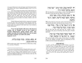 war against Muhammad, which did happen and all the Kedar leaders
were killed by the sword of Muhammad (pbuh) in 624 A. D. as in                    ‫יד לק ַאת צ ֵא, ה ָיוּ מִם; יֹשׁ ֵי א ֶץ‬
                                                                                   ‫ְ ב ֶר‬        ‫ִ ְר ָמ ֵת ָי‬
Isaiah 21:13-17.
         Also Jethem Hesham Bin Makrema Bin Abdul Mutaleb was                                   . ‫ֵי ָא, בּל ְמוֹ ק ְמוּ נֹ ֵד‬
                                                                                                   ‫ד‬      ‫תּ מ ְ ַח ִ דּ‬
in the caravan of Abu Sofian and he had a dream.34 In the dream a           14 Unto him that is thirsty bring ye water! The inhabitants of
man told him that Otibah Bin Rabiah, Shaiba Bin Rabiah, Abu Al              the land of Tema did meet the fugitive with his bread.
Hakem Bin Hesham, Umeah Bin Khalef, and other leraders of
Makkah would die. Right away, Abu Jahel said,” Oh, another                            ‫טו ִי-מפֵּי ח ָבוֹת, ָ ָדוּ; מפֵּי ח ֶב‬
                                                                                       ‫נד ִ ְ נ ֶ ר‬        ‫כּ ִ ְנ ֲ ר‬
prophet? Well, we will see tomorrow who will be killed.” The next
day, all those named were killed in the battle of Badr in 624 A.D                 ‫ְטוּשׁה, וּמפֵּי ֶשׁת ְרוּ ָה, וּמפֵּי, כֹּ ֶד‬
                                                                                   ‫ב‬      ‫נ ָ ִ ְנ ק ֶ דּ כ ִ ְנ‬
Isaiah 21:13-17.
                                                                                                                  .‫מלח ָה‬
                                                                                                                    ‫ִ ְ ָמ‬
         Prophet Muhammad (pbuh) told his companions by pointing
                                                                            15 For they fled away from the swords, from the drawn sword,
to the exact spots where each leader pf Kedar (Quraish) would die.
Fourteen Muslims received martyrdom, seventy Makkans died, and              and from the bent bow, and from the grievousness of war.
seventy others were captured. In this battle Sura 8 was revealed to
Prophet Muhammad.35
                                                                                ‫טז ִי-כֹה אָ ַר ֲדָֹי, א ָי: ְעוֹד שָׁה‬
                                                                                 ‫ָנ‬    ‫מ א נ ֵל בּ‬                ‫כּ‬
                                                                                     . ‫ִשֵׁי שׂ ִיר, ְכ ָה ָל- ְבוֹד ק ָר‬
                                                                                        ‫כּ ְ נ ָ כ וָל כּ כּ ֵ ד‬
       Verse 13; the Prophet will come to the forest of                     16 For thus hath the Lord said unto me: 'Within a year,
Arabia, city of Medina served as the Capital of                             according to the years of a hireling, and all the glory of Kedar
Prophet Muhammad’s (pbuh) Islamic State. This                               shall fail;
chapter describes the battle of Badr 624 A.D. in which
the leaders of Kedar were kill in the battle.                                       ,‫יז וּשׁאָר מס ַר- ֶשׁת ִבּוֹ ֵי בֵי-ק ָר‬
                                                                                       ‫ְ ִ ְפּ ק ֶ גּ ר ְנ ֵד‬
Isaiah 21: 13-17.                                                                    .‫ִמ ָטוּ: ִי ְהָה ֱלֹ ֵי-ִשׂר ֵל, דּ ֵר‬
                                                                                       ‫כּ י ו א ה י ְ ָ א ִבּ‬          ‫יְע‬
                                                                            17 and the residue of the number of the archers, the mighty
          ,‫יג ַשּׂא, בּע ָב: בַַּר בּע ַב תּ ִינוּ‬
              ‫מ ָ ַ ְ ר ַ יּע ַ ְ ר ָ ל‬                                      men of the children of Kedar, shall be diminished; for the
                                                                            LORD, the God of Israel, hath spoken it.'
                              . ‫אֹ ְחוֹת דּדִים‬
                                  ‫ְ ָנ‬   ‫ר‬
13 The burden upon Arabia. In the thickets in Arabia shall ye lodge,                                    13)21 ‫71(–أﺷﻌﻴﺎ‬
O ye caravans of Dedanites.                                                 ‫31( وﺣﻲ ﻣ ﻦ ﺟﻬ ﺔ ﺑ ﻼد اﻟﻌ ﺮب ، ﻓ ﻲ اﻟ ﻮﻋﺮ ﻓ ﻲ ﺑ ﻼد اﻟﻌ ﺮب ﺗﺒﻴﺘ ﻴﻦ ﻳ ﺎ‬
                                                                                                                                           ْ
                                                                            ‫ﻗﻮاﻓ ﻞ اﻟ ﺪداﻧﻴﻴﻦ. 41( ه ﺎﺗﻮا ﻣ ﺎء ﻟﻤﻼﻗ ﺎة اﻟﻌﻄﺸ ﺎن ﻳ ﺎ ﺳ ﻜﺎن أرض ﺗﻴﻤ ﺎء‬
                                                                                                                     ً
                                                                            ‫وأﻓ ﻮا إﻟﻬ ﺎرب ﺑﺨﺒ ﺰﻩ. 51( ﻓ ﺈﻧﻬﻢ ﻣ ﻦ أﻣ ﺎم اﻟﺴ ﻴﻮف ﻗ ﺪ هﺮﺑ ﻮا ﻣ ﻦ أﻣ ﺎم‬
34
   The caravan of Abu Sofian included one thousand camels, money, goods,    (16 .‫اﻟﺴﻴﻒ اﻟﻤﺴﻠﻮل وﻣﻦ أﻣﺎم اﻟﻘ ﻮس اﻟﻤﺸ ﺪودة وﻣ ﻦ أﻣ ﺎم ﺷ ﺪة اﻟﺤ ﺮب‬
and forty men. The distance between Badr and Madinah is 160 kilometers.
35                                                                          .‫ﻓﺈﻧﻪ هﻜﺬا ﻗﺎل ﻟﻲ اﻟﺴ ﻴﺪ ﻓ ﻲ ﻣ ﺪة ﺳ ﻨﺔ آﺴ ﻨﺔ اﻷﺟﻴ ﺮ ﻳﻔﻨ ﻰ آ ﻞ ﻣﺠ ﺪ ﻗﻴ ﺪار‬
    This Sura was revealed to Prophet Muhammad while he was still in
Makkah. The leaders of Makkah were surprised since there was no fighting,
                                                                            ‫71( وﺑﻘﻴﺔ ﻋﺪد ﻗﺴﻲ )ﻗﺼﻲ( أﺑﻄﺎل ﺑﻨﻲ ﻗﻴﺪار ﺗﻘﻞ ﻷن اﻟﺮب إﻟﻪ إﺳﺮاﺋﻴﻞ‬
                                                                                                    ّ                            ْ
and Prophet Muhammad (pbuh) had very few followers at that time. The        .‫ﻗﺪ ﺗﻜﻠﻢ‬
prophecy was fulfilled with this battle.



                                                                    255     256
 