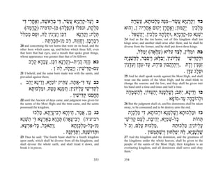 ‫כ ְ ַל-קרַָא ֲשׂר, ִי ב ֵאשׁהּ, ְאָח ִי ִי‬
  ‫וע ַ ְ ניּ ע ַ דּ ְ ר ַ ו ֳ ר דּ‬                                      ‫כד ְקרַָא ֲשׂר--מַהּ מ ְכוּ ָא, ַשׂרה‬
                                                                       ָ ְ ‫ו ַ ְ ניּ ע ַ ִ נּ ַ ל ת ע‬
  (‫סל ַת, ונפלו )וְּפ ָה( ִן-קדמיה )קד ַהּ‬
     ‫ֳ ָמ‬           ‫נַל מ‬             ‫ִ ְק‬                       ‫מל ִין ְ ֻמוּן; ְאָח ָן ְקוּם אַח ֵיהֹן, ְהוּא‬
                                                                     ‫ו‬      ‫ֲר‬       ‫ו ֳר י‬      ‫ַ ְ כ יק‬
‫ד ֵן ְעְִין ַהּ, וּ ֻם ממ ִל‬
 ‫ִ כּ ו ַ ינ ל פ ְ ַ לּ‬        ‫תּ ָת; ְקרָא‬
                               ‫ְ ל וַ ְנ‬                           . ‫ִשֵׁא ִן-קדמֵא ,וּתל ָה מל ִין, ְ ַשׁ ִל‬
                                                                       ‫י ְ נ מ ַ ְ ָ י ְ ָ ת ַ ְ כ יה ְ פּ‬
                                                                 24 And as for the ten horns, out of this kingdom shall ten
            . ‫רבר ָן, ְחְַהּ, ַב ִן-חבר ַהּ‬
               ‫ַ ְ ְ ב ו ֶ זו ר מ ַ ְ ָ ת‬                        kings arise; and another shall arise after them; and he shall be
20 and concerning the ten horns that were on its head, and the   diverse from the former, and he shall put down three kings.
other horn which came up, and before which three fell; even
that horn that had eyes, and a mouth that spoke great things,             ,‫כה וּמ ִין, ל ַד עליא )ע ָאָה( ְמ ִל‬
                                                                            ‫יַלּ‬     ‫ִלּ‬         ‫ִ לּ ְצ‬
whose appearance was greater than that of its fellows.
                                                                 ‫וּלק ִישׁי ע ְיוִֹין, ְב ֵא; ְִס ַר, ל ַשָָׁה‬
                                                                   ‫ֶ ל נ י ַ לּ וי ְ בּ ְ ה ְ ני‬         ֵ ‫ְ ַדּ‬
      ‫כא חֵה הֵית--ְקרָא ד ֵן, עב ָא ק ָב‬
       ‫ָ ז ֲ ו ו ַ ְ נ ִכּ ָ ְ ד ְ ר‬
                                                                 ‫ִמִין ְָת ,ְִתַ ֲבוּן ִי ֵהּ, ַד-ע ָן ְעדִּין‬
                                                                   ‫ו י ְ יה בּ ד ע ִ דּ ו ִ ָ נ‬         ‫ז ְ נ וד‬
                  . ‫ִם-ק ִישׁין; ְָכ ָה, ְהֹן‬
                       ‫ע ַ דּ ִ וי ְ ל ל‬
21 I beheld, and the same horn made war with the saints, and                                       . ‫וּפ ַג ע ָן‬
                                                                                                      ‫ְל ִדּ‬
prevailed against them;                                          25 And he shall speak words against the Most High, and shall
                                                                 wear out the saints of the Most High; and he shall think to
, ‫כב ַד ִי-א ָה, ע ִיק יוֹמָא, ְִיָא ְ ִב‬
   ‫ַ יּ ו ד נ יה‬       ‫ע דּ ֲת ַתּ‬                                  change the seasons and the law; and they shall be given into
                                                                 his hand until a time and times and half a time.
   ‫לק ִישׁי ע ְיוִֹין; ְִמָא מ ָה, וּמ ְכוּ ָא‬
     ‫ְ ַ דּ ֵ ֶ ל נ וז ְ נ ְ ט ַ ל ת‬
                                                                  ‫כו ְִיָא, ִ ִב; ְשׁלטֵהּ ְה ְדּוֹן, ל ַשׁמ ָה‬
                                                                   ‫ְה ְ ָ ד‬    ‫ו ד נ יתּ ו ָ ְ ָ נ י ַ ע‬
                           . ‫הח ִנוּ ק ִישׁין‬
                               ִ ‫ֶ ֱס ַדּ‬
22 until the Ancient of days came, and judgment was given for                            . ‫וּ ְהוֹב ָה ַד-סוֹ ָא‬
                                                                                             ‫פ‬    ‫ל ָד ע‬
the saints of the Most High; and the time came, and the saints   26 But the judgment shall sit, and his dominions shall be taken
possessed the kingdom.                                           away, to be consumed and to be destroy unto the end.
       ‫כג ֵן, א ַר, ֵיְ ָא ר ִיעְ ָא, מ ְכוּ‬
         ‫כּ ֲ מ ח ות ְ ב ָ ית ַ ל‬                                   ‫כז וּמ ְכוּ ָא ְשׁלטָא וּ ְבוּ ָא, ִי מלכָת‬
                                                                    ‫ַ ל ת ו ָ ְ ָ נ ר ת דּ ַ ְ ְו‬
‫רביעיה( ר ִי ָאָה( תּהֵא ְאַר ָא ִי ִשֵׁא‬
 ‫ֶ ֱו ב ְע דּ ת ְ נ‬           ‫ְב ע‬                                ‫ָל-שׁמָא, ְ ִי ַת, לעם ק ִישׁי‬
                                                                  ֵ ‫כּ ְ ַ יּ יה ב ְ ַ ַ דּ‬               ‫ְחוֹת‬‫תּ‬
,‫;ְ ֵא ֻל, ָל-אַר ָא‬
  ‫ות כ כּ ְ ע‬                 ‫ִן- ָל-מלכָ ָא‬
                               ‫מ כּ ַ ְ ְ ות‬                      ‫,מ ְכוּת ע ַם, ְכֹל‬
                                                                    ‫ָל ו‬        ‫ַל‬         ‫ע ְיוִֹין; מ ְכוּ ֵהּ‬
                                                                                             ‫ֶל נ ַל ת‬
                        . ‫וּ ְדוּשַׁהּ, ְתדּקַהּ‬
                            ‫ת ִ נּ וַ ְ ִנּ‬                                   . ‫שׁלטַָא, ֵהּ ִפ ְחוּן ְִשׁתּ ְעוּן‬
                                                                                 ‫ָ ְ ָ ניּ ל י ְ ל וי ְ ַ מּ‬
23 Thus he said: 'The fourth beast shall be a fourth kingdom     27 And the kingdom and the dominion, and the greatness of
upon earth, which shall be diverse from all the kingdoms, and    the kingdoms under the whole heaven, shall be given to the
shall devour the whole earth, and shall tread it down, and       people of the saints of the Most High; their kingdom is an
break it in pieces.                                              everlasting kingdom, and all dominions shall serve and obey
                                                                 them.'

                                                          353    354
 