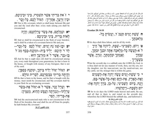 ‫9( وﻗﺎل اﷲ ﻹﺑﺮاهﻴﻢ وأﻣﺎ أﻧﺖ ﻓﺘﺤﻔﻆ ﻋﻬﺪي ، أﻧﺖ وﻧﺴﻠﻚ ﻣﻦ ﺑﻌﺪك ﻓﻲ أﺟﻴ ﺈﻟﻬﻢ. 01( ه ﺬا‬
                                                                                                                                َ
,‫י זֹאת בּ ִי ִי ֲשׁר ִשׁ ְרוּ, ֵיִי וּ ֵיֵי ֶם‬
   ‫ְר ת א ֶ תּ ְ מ בּ נ ב נ כ‬                                          (11 .‫هﻮ ﻋﻬﺪي اﻟﺬي ﺗﺤﻔﻈﻮﻧ ﻪ ﺑﻴﻨ ﻲ وﺑﻴ ﻨﻜﻢ وﺑ ﻴﻦ ﻧﺴ ﻠﻚ ﻣ ﻦ ﺑﻌ ﺪك ، ﻳﺨ ﺘﻦ ﻣ ﻨﻜﻢ آ ﻞ ذآ ﺮ‬
                                                                     ‫ﻓﺘﺨﺘﺘﻨﻮن ﻓﻲ ﻟﺤﻢ ﻏﺮﻟﺘﻜﻢ ﻓﻴﻜﻮن ﻋﻼﻣﺔ ﻋﻬﺪ ﺑﻴﻨﻲ وﺑﻴﻨﻜﻢ. 21( اﺑﻦ ﺛﻤﺎﻧﻴﺔ أﻳﺎم ﻳﺨﺘﻦ ﻣﻨﻚ آﻞ‬
  . ‫וּ ֵין ַרעך, אַח ֶיך: ִמּוֹל ל ֶם, ָל-ָָר‬
     ‫ב ז ְ ֲ ָ ֲ ר ָ ה ָ כ כּ זכ‬                                      ‫ذآﺮ ﻓﻲ أﺟﻴﺎﻟﻜﻢ وﻟﻴﺪ اﻟﺒﻴﺖ واﻟﻤﺒﺘﺎع ﺑﻔﻀﺔ ﻣ ﻦ آ ﻞ اﺑ ﻦ ﻏﺮﻳ ﺐ ﻟ ﻴﺲ ﻣ ﻦ ﻧﺴ ﻠﻚ. 31( ﻳﺨ ﺘﻦ‬
10 This is My covenant, which ye shall keep, between Me and          ‫ﺧﺘﺎﻧ ﺎ وﻟﻴ ﺪ ﺑﻴﺘ ﻚ واﻟﻤﺒﺘ ﺎع ﺑﻔﻀ ﺘﻚ. ﻓﻴﻜ ﻮن ﻋﻬ ﺪي ﻓ ﻲ ﻟﺤﻤﻜ ﻢ ﻋﻬ ﺪا أﺑ ﺪﻳﺎ. 41( وأﻣ ﺎ اﻟ ﺬآﺮ‬
                                                                                       ً ً                                                                ً
you and thy seed after thee: every male among you shall be           ‫اﻷﻏﻠﻒ اﻟﺬي ﻻ ﻳﺨﺘﻦ ﻓﻲ ﻟﺤﻢ ﻏﺮﻟﺘﻪ ﻓ ُﻘﻄﻊ ﺗﻠﻚ اﻟﻨﻔﺲ ﻣﻦ ﺷﻌﺒﻬﺎ ، إﻧﻪ ﻗﺪ ﻧﻜﺚ ﻋﻬﺪي‬
                                                                                                                   ‫ﺘ‬
circumcised.
                                                                     Exodus 20: 8-10
        ‫יא וְּמל ֶם, ֵת ְשׂר ערלת ֶם; ְהָה‬
         ‫נ ַ ְתּ א בּ ַ ָ ְ ַ ְ כ ו ָ י‬
                                                                                        -‫ח שׁשׁת ָ ִים תּ ֲבֹד, ְ ָשׂית ָל‬
                                                                                          ‫וע ִ ָ כּ‬     ‫ֵ ֶ ימ ַ ע‬
                   . ‫ְאוֹת בּ ִית, ֵיִי וּ ֵיֵי ֶם‬
                       ‫ְר בּ נ ב נ כ‬           ‫ל‬
11 And ye shall be circumcised in the flesh of your foreskin;                                                  . ‫מ ַאכתּך‬
                                                                                                                 ָ ֶ ְ ‫ְל‬
and it shall be a token of a covenant betwixt Me and you.            8 Six days shalt thou labour, and do all thy work;
--‫יב וּ ֶן-שׁמַֹת ָ ִים, ִמּוֹל ל ֶם ָל-ָָר‬
   ‫ב ְ נ י מ י ָ כ כּ זכ‬                                              : ‫ט ְיוֹם, ַשּׁ ִי ִי--שׁ ָת, ַיהָה ֱלֹ ֶיך‬
                                                                        ָ ‫הְב ע ַבּ ל ו א ה‬                 ‫ו‬
 ‫ְדֹרֹ ֵי ֶם: ְִיד בִּת--וּמקַת-כּ ֶף ִכֹּל‬
    ‫ִ ְ נ ֶס מ‬       ‫ת כ יל ָ י‬       ‫ל‬                                ,‫לֹא-ת ֲשׂה ָל-מ ָא ָה אַ ָה וּבְך וּבתּך‬
                                                                        ָ ֶ ִ ָ‫ַ ע ֶ כ ְל כ תּ ִנ‬
          . ‫ֶן-ֵ ָר, ֲשׁר לֹא מַרעך הוּא‬
                ָ ֲ ְ‫ִזּ‬      ֶ ‫בּ נכ א‬                                ‫ַאמתך וּבהמתּך, ְֵרך, ֲשׁר‬
                                                                      ֶ ‫ו ֲ ָ ְ ָ ְ ֶ ְ ֶ ָ וג ְ ָ א‬     ‫עב דּך‬
                                                                                                          ְְַָ
12 And he that is eight days old shall be circumcised among
you, every male throughout your generations, he that is born in
                                                                                                     . ‫ִשׁע ֶיך‬
                                                                                                       ָ ‫בּ ְ ָר‬
the house, or bought with money of any foreigner, that is not        9 but the seventh day is a sabbath unto the LORD thy God, in
of thy seed.                                                         it thou shalt not do any manner of work, thou, nor thy son, nor
                                                                     thy daughter, nor thy man-servant, nor thy maid-servant, nor
    ;‫יג ִמּוֹל ִמּוֹל ְִיד ֵיתך, וּמקַת כּספּך‬
     ָ ֶ ְ ַ ‫ה י יל בּ ְ ָ ִ ְ נ‬                                      thy cattle, nor thy stranger that is within thy gates;

      . ‫ְהְ ָה ב ִי ִי בּ ְשׂר ֶם, לב ִית עוֹ ָם‬
          ‫ל‬      ‫ו ָ ית ְ ר ת ִ ב ַ ְ כ ִ ְ ר‬                           ‫י ִי שׁשׁת-ָ ִים ָשׂה ְהָה ֶת- ַשּׁמִם‬
                                                                         ‫כּ ֵ ֶ ימ ע ָ י ו א ה ָ ַ י‬
13 He that is born in thy house, and he that is bought with thy
money, must needs be circumcised; and My covenant shall be
                                                                        ,‫ְ ֶת- ָאָ ֶץ, ֶת-הָם ְ ֶת- ָל- ֲשׁר- ָם‬
                                                                           ‫וא ה ר א ַ יּ וא כּ א ֶ בּ‬
in your flesh for an everlasting covenant.                           -‫ַַָח, ַיּוֹם ַשּׁ ִי ִי; ַל- ֵן, בּרך ְהָה ֶת‬
                                                                       ‫הְב ע ע כּ ְֵַ י ו א‬              ‫ויּנ בּ‬
     ‫יד ְע ֵל ָָר, ֲשׁר לֹא-ִמּוֹל ֶת- ְשׂר‬
      ַ‫י א בּ‬             ֶ ‫ו ָ ר זכ א‬                                                    .‫יוֹם ַשּׁ ָת--ְַק ְשׁהוּ‬
                                                                                             ֵ ‫ה ַ בּ וי ַ דּ‬
      :‫ערלתוֹ--ְִכר ָה הֶ ֶשׁ ה ִוא, מע ֶיה‬
       ָ ‫ָ ְ ָ ונ ְ ְ ת ַ נּפ ַ ה ֵ ַ מּ‬                               10 for in six days the LORD made heaven and earth, the sea,
                                                                     and all that in them is, and rested on the seventh day;
                          .‫ֶת-בּ ִי ִי, ה ַר‬
                            ‫א ְר ת ֵפ‬                                wherefore the LORD blessed the sabbath day, and hallowed it.
14 And the uncircumcised male who is not circumcised in the                                               8) 20 ‫01(–اﻟﺨﺮوج‬
flesh of his foreskin, that soul shall be cut off from his people;   ‫8( اذآﺮ ﻳﻮم اﻟﺴﺒﺖ ﻟﺘﻘﺪﺳﻪ. 9( ﺳﺘﺔ أﻳﺎم وﺗﺼﻨﻊ ﺟﻤﻴﻊ ﻋﻤﻠ ﻚ. 01( وأﻣ ﺎ اﻟﻴ ﻮم اﻟﺴ ﺎﺑﻊ ﻓﻔﻴ ﻪ‬
he hath broken My covenant.'                                         ‫ﺳﺒﺖ ﻟﻠﺮب إﻟﻬﻚ، ﻻ ﺗﺼﻨﻊ ﻋﻤﻼ ﻣﺎ أﻧﺖ واﺑﻨﻚ واﺑﻨﺘﻚ وﻋﺒﺪك وأﻣﺘﻚ وﺑﻬﻴﻤﺘﻚ وﻧﺰﻳﻠﻚ اﻟﺬي‬
                                                                                                                              ً
                                                                     ‫داﺧﻞ أﺑﻮك‬
                         9) 17 ‫41(–اﻟﺘﻜﻮﻳﻦ‬

                                                             357     358
 