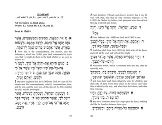 (11)48 ‫أﺷﻌﻴﺎ‬                                3 Hear therefore, O Israel, and observe to do it; that it may be
 .‫11( ﻣﻦ أﺟﻞ ﻧﻔﺴﻲ ﻻ ﻳﺪﻧﺲ اﺳﻤﻲ . وآﺮاﻣﺘﻲ ﻻ أﻋﻄﻴﻬﺎ ﻵﺧﺮ‬                 well with thee, and that ye may increase mightily, as the
                                                                     LORD, the God of thy fathers, hath promised unto thee--a land
All worship is to Allah alone.                                       flowing with milk and honey.

                                                                     ‫ד שׁמע, ִשׂר ֵל: ְהָה ֱלֹ ֵינוּ, ְהָה‬
Deut 6: 13, Isaiah 45: 5, 6, 14, and 21.
                                                                       ‫ְ ַ י ְ ָא י ו א ה י ו‬
                                                                      .‫אחד‬
Deut. 6: 13&14
                                                                         ֶָ
‫א ְזֹאת המּצָה, הח ִים ְה ִשׁפּ ִים, ֲשׁר‬
  ֶ ‫ַ ִ ְו ַ ֻ קּ ו ַ מּ ְ ָט א‬        ‫ו‬                               4 Hear, O Israel: the LORD our God, the LORD is one.
‫צָה ְהָה ֱלֹ ֵי ֶם, לל ֵד את ֶם--ל ֲשׂוֹת‬
     ‫ִ וּ י ו א ה כ ְ ַמּ ֶ ְ כ ַע‬                                     ‫ה ְאָהבתּ, ֵת ְהָה ֱלֹ ֶיך, בּ ָל-לבבך‬
                                                                     ָ ְ ָ ְ ‫ו ַ ְ ָ א י ו א ה ָ ְכ‬
 .‫ָאָ ֶץ, ֲשׁר אַ ֶם עֹב ִים שׁ ָה ל ִשׁ ָהּ‬
   ‫ְר ָ מּ ְר ְ תּ‬        ‫בּ ר אֶ תּ‬                                      .‫וּב ָל-ַ ְשׁך, וּב ָל- ְאֹדך‬
                                                                       ָ ֶ ‫ְ כ נפ ְ ָ ְ כ מ‬
1  Now this is the commandment, the statutes, and the
                                                                     5 And thou shalt love the LORD thy God with all thy heart,
                                                                     and with all thy soul, and with all thy might.
ordinances, which the LORD your God commanded to teach
you, that ye might do them in the land whither ye go over to         ‫ו ְ ָיוּ הדּב ִים הא ֶה, ֲשׁר אָנֹ ִי מצְך‬
                                                                     ָ‫כ ְ ַוּ‬      ֶ ‫וה ַ ְ ָ ר ָ ֵ לּ א‬
possess it--
‫ב למ ַן ִי ָא ֶת-ְהָה ֱלֹ ֶיך, ִשׁמֹר‬
     ְ ‫ְ ַע תּ ר א י ו א ה ָ ל‬                                         .‫ַיּוֹם-- ַל-לבבך‬
                                                                       ְֶָָ ‫ע‬       ‫ה‬
                                                                     6 And these words, which I command thee this day, shall be
‫ֶת- ָל- ֻקֹּ ָיו וּמ ְוֹ ָיו ֲשׁר אָנֹ ִי‬
 ‫כ‬       ֶ ‫א כּ ח ת ִצ ת א‬                                            upon thy heart;

--‫מצֶך, אַ ָה וּבְך וּ ֶן-בְּך, כֹּל ְ ֵי חֶיך‬
   ָ ‫ימ ַ יּ‬        ָ‫ְ ַוָּ תּ ִנָ ב ִנ‬                                 ‫ז ְשְַׁ ָם לבֶיך, ְדבּרתּ ָם, ְשׁבתּך‬
                                                                     ָ ְ ְ ִ ‫ו ִ נּנתּ ְ ָ נ ָ ו ִ ַ ְ ָ בּ בּ‬
 .‫וּלמ ַן, ַאר ֻן ָ ֶיך‬
  ָ ‫ְ ַ ע י ֲ ִ כ ימ‬                                                  .‫בּ ֵיתך וּבלכתּך בדּרך, וּ ְשׁכבּך וּ ְקוּמך‬
                                                                       ָ ֶ ‫ְב ֶ ָ ְ ֶ ְ ְ ָ ַ ֶ ֶ ְ ב ָ ְ ְ ָ ב‬
2  that thou mightest fear the LORD thy God, to keep all His         7  and thou shalt teach them diligently unto thy children, and
statutes and His commandments, which I command thee, thou,           shalt talk of them when thou sittest in thy house, and when
and thy son, and thy son's son, all the days of thy life; and that   thou walkest by the way, and when thou liest down, and when
thy days may be prolonged.                                           thou risest up.

‫ג ְשׁמעתּ ִשׂר ֵל, ְשׁמרתּ ל ֲשׂוֹת, ֲשׁר‬
  ֶ‫א‬       ‫ו ָ ַ ְ ָ י ְ ָ א ו ָ ַ ְ ָ ַע‬                            ‫ח וּ ְשׁר ָם ְאוֹת, ַל-ָדך; ְ ָיוּ‬
                                                                       ‫ע י ֶ ָ וה‬       ‫ק ַ ְתּ ל‬
‫ִי ַב לך, ַ ֲשׁר תּ ְבּוּן ְאֹד: כּ ֲשׁר דּ ֶר‬
  ‫ַא ֶ ִבּ‬         ‫י ט ְ ָ וא ֶ ִ ר מ‬                                  .‫ְטֹ ָפֹת, ֵין ֵיֶיך‬
                                                                       ָ‫בּ ענ‬         ‫ל ט‬
                                                                     8 And thou shalt bind them for a sign upon thy hand, and they
,‫ְהָה ֱלֹ ֵי ֲבֹ ֶיך, לך--א ֶץ ָ ַת ח ָב‬
  ‫י ו א ה א ת ָ ָ ְ ֶ ר זב ָ ל‬                                       shall be for frontlets between thine eyes.
 .‫וּד ָשׁ‬
   ‫ְב‬                                                                 .‫ט וּכתב ָם ַל-מֻזוֹת ֵיתך, וּ ִשׁע ֶיך‬
                                                                       ָ ‫ְ ַ ְתּ ע ְז בּ ֶ ָ ב ְ ָר‬
                                                               39    40
 