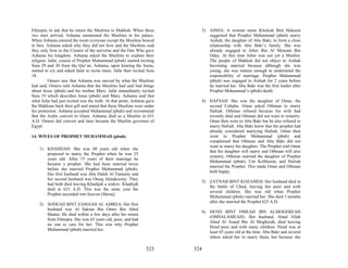 Ethiopia, to ask that he return the Muslims to Makkah. When these           3) AISHA: A woman name Kholeah Bint Hakeem
two men arrived, Ashama summoned the Muslims to his palace.                    suggested that Prophet Muhammad (pbuh) marry
When Ashama entered the room everyone except the Muslims bowed                 Aishah, the daughter of Abu Bakr, to form a close
to him. Ashama asked why they did not bow and the Muslims said                 relationship with Abu Bakr’s family. She was
they only bow to the Creator of the universe and the One Who gave              already engaged to Jober Bin Al Moteam Bin
Ashama his kingdom. Ashama asked the Muslims to explain their                  Oday. At this time Jober was not yet a Muslim.
religion. Jafar, cousin of Prophet Muhammad (pbuh) started reciting            The people of Makkah did not object to Aishah
Sura 29 and 30 from the Qur’an. Ashama, upon hearing the Suras,                becoming married because although she was
started to cry and asked Jafar to recite more. Jafar then recited Sura         young, she was mature enough to understand the
18.                                                                            responsibility of marriage. Prophet Muhammad
          Omero saw that Ashama was moved by what the Muslims                  (pbuh) was engaged to Aishah for 2 years before
had said. Omero told Ashama that the Muslims had said bad things               he married her. Abu Bakr was the first leader after
about Jesus (pbuh) and his mother Mary. Jafar immediately recited              Prophet Muhammad’s (pbuh) death.
Sura 19 which describes Jesus (pbuh) and Mary. Ashama said that
what Jafar had just recited was the truth. At that point, Ashama gave       4) HAFSAH: She was the daughter of Omar, the
the Makkans back their gift and stated that these Muslims were under           second Calipha. Omar asked Othman to marry
his protection. Ashama accepted Muhammad (pbuh) and recommend                  Hafsah. Othman refused because his wife had
that the Arabs convert to Islam. Ashama died as a Muslim in 631                recently died and Othman did not want to remarry.
A.D. Omero did convert and later became the Muslim governor of                 Omar then went to Abu Bakr but he also refused to
Egypt.                                                                         marry Hafsah. Abu Bakr knew that the prophet had
                                                                               already considered marrying Hafsah. Omar then
14. WIVES OF PROPHET MUHAMMAD (pbuh)                                           went to Prophet Muhammad (pbuh) and
                                                                               complained that Othman and Abu Bakr did not
                                                                               want to marry his daughter. The Prophet told Omar
    1) KHADIJAH: She was 40 years old when she
                                                                               that his daughter will marry and Othman will also
       proposed to marry the Prophet when he was 25
                                                                               remarry. Othman married the daughter of Prophet
       years old. After 15 years of their marriage he
                                                                               Muhammad (pbuh), Um Kolthoom, and Hafsah
       became a prophet. She had been married twice
                                                                               married the Prophet. This made Omar and Othman
       before she married Prophet Muhammad (pbuh).
                                                                               both happy.
       Her first husband was Abu Haleh Al Tamemy and
       her second husband was Oteaq Almakzomy. They
                                                                            5) ZAYNAB BINT KOZAMEH: Her husband died in
       had both died leaving Khadijah a widow. Khadijah
                                                                               the battle of Uhud, leaving her poor and with
       died in 621 A.D. This was the same year the
                                                                               several children. She was old when Prophet
       Prophet ascended into heaven (Meraj).
                                                                               Muhammad (pbuh) married her. She died 3 months
                                                                               after she married the Prophet 625 A.D.
    2) SODEAH BINT ZAMAAH AL AMREA: Her first
       husband was Al Sakran Bin Omro Bin Abed
                                                                            6) HEND BINT OMEAH IBN ALMOGEREAH
       Shamz. He died within a few days after his return
                                                                               (OMSALAMEAH): Her husband, Abud Allah
       from Ethiopia. She was 65 years old, poor, and had
                                                                               Abud Al Asaad Bin Al Mogherah, died leaving
       no one to care for her. This was why Prophet
                                                                               Hend poor and with many children. Hend was at
       Muhammad (pbuh) married her.
                                                                               least 65 years old at the time. Abu Bakr and several
                                                                               others asked her to marry them, but because she

                                                                 523     524
 