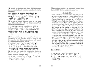 ‫82‬   ‫‪Because he considereth, and turneth away from all his‬‬          ‫‪32 For I have no pleasure in the death of him that dieth, saith‬‬
‫‪transgressions that he hath committed, he shall surely live, he‬‬     ‫.‪the Lord GOD; wherefore turn yourselves, and live‬‬
‫.‪shall not die‬‬
                                                                                              ‫ﺣﺰﻗﻴﺎل 81 )91-23(‬
‫כט ְאָ ְרוּ ֵית ִשׂר ֵל, לֹא ִתּ ֵן דּרך‬
‫יָכ ֶ ֶ ְ‬         ‫ו מ בּ י ְ ָא‬                                      ‫91( وأﻧﺘﻢ ﺗﻘﻮﻟﻮن ﻟﻤ ﺎذا ﻻ ﻳﺤﻤ ﻞ اﻻﺑ ﻦ ﻣ ﻦ إﺛ ﻢ اﻷب. أﻣ ﺎ اﻻﺑ ﻦ ﻓﻘ ﺪ ﻓﻌ ﻞ‬
‫ֲדָֹי: הדּר ַי לֹא ִתּ ְנוּ, בּית ִשׂר ֵל--‬
    ‫י ָכ ֵ י ְ ָא‬          ‫א נ ַ ְ ָכ‬                               ‫ﺣﻘﺎ وﻋﺪﻻ ﺣﻔﻆ ﺟﻤﻴﻊ ﻓﺮاﺋﻀﻲ وﻋﻤﻞ ﺑﻬﺎ ﻓﺤﻴﺎة ﻳﺤﻴﻰا. 02( اﻟ ﻨﻔﺲ اﻟﺘ ﻲ‬
                                                                    ‫ﺗﺨﻄﺊ هﻲ ﺗﻤﻮت إﺛﻢ اﻻﺑﻦ. ﺑﺮ اﻟﺒﺎر ﻋﻠﻴﻪ ﻳﻜﻮن وﺷﺮ اﻟﺸﺮﻳﺮ ﻋﻠﻴﻪ ﻳﻜﻮن.‬
 ‫ֲלֹא דר ֵי ֶם, לֹא ִתּ ֵן.‬
   ‫יָכ‬        ‫ַ ְכ כ‬     ‫ה‬                                          ‫12( ﻓﺈذا رﺟﻊ اﻟﺸﺮﻳﺮ ﻋﻦ ﺟﻤﻴﻊ ﺧﻄﺎﻳﺎﻩ اﻟﺘ ﻲ ﻓﻌﻠﻬ ﺎ وﺣﻔ ﻆ آ ﻞ ﻓﺮاﺋﻀ ﻲ‬
‫92‬  ‫‪Yet saith the house of Israel: The way of the Lord is not‬‬       ‫وﻓﻌﻞ ﺣﻘﺎ وﻋ ﺪﻻ ﻓﺤﻴ ﺎة ﻳﺤﻴ ﻰا ﻻ ﻳﻤ ﻮت. 22( آ ﻞ ﻣﻌﺎﺻ ﻴﻪ اﻟﺘ ﻲ ﻓﻌﻠ ﻪ ﻻ‬
‫‪equal. O house of Israel, is it My ways that are not equal? is it‬‬   ‫ﺗﺬآﺮ ﻋﻠﻴﻪ ﻓﻲ ﺑﺮﻩ اﻟﺬي ﻋﻤﻞ ﻳﺤﻴﻰا. 32( هﻞ ﻣﺴ ﺮة إﺳ ﺮ ﺑﻤ ﻮت اﻟﺸ ﺮﻳﺮ‬
                                                                                     ‫ُ‬
‫?‪not your ways that are unequal‬‬                                     ‫ﻳﻘ ﻮل اﻟﺴ ﻴﺪ اﻟ ﺮب أﻻ ﺑﺮﺟﻮﻋ ﻪ ﻋ ﻦ ﻃﺮﻗ ﻪ ﻓﻴﺤﻴ ﻰا. 42( وإذا رﺟ ﻊ اﻟﺒ ﺎر‬‫ُ‬
                                                                    ‫ﻋﻦ ﺑﺮﻩ وﻋﻤﻞ إﺛﻤﺎ وﻓﻌﻞ ﻣﺜﻞ آﻞ اﻟﺮﺟﺎﺳﺎت اﻟﺘﻲ ﻳﻔﻌﻠﻬﺎ اﻟﺸﺮﻳﺮ أﻓﻴﺤﻴﻰا.‬
‫ל ל ֵן ִישׁ כּדר ָיו ֶשׁפֹּט את ֶם, בּית‬
   ‫ֶ ְכ ֵ‬      ‫ָכ א ִ ְ ָ כ א ְ‬                                     ‫آﻞ ﺑﺮﻩ اﻟﺬي ﻋﻤﻠﻪ ﻻ ﻳﺬآﺮ . ﻓﻲ ﺧﻴﺎﻧﺘﻪ اﻟﺘﻲ ﺧﺎﻧﻬﺎ وﻓﻲ ﺧﻄﻴﺘﻪ اﻟﺘﻲ أﺧﻄﺄ‬
‫ִשׂר ֵל--ְ ֻם, ֲדָֹי ְהִה: שׁוּבוּ ְ ָשׁיבוּ‬
    ‫וה ִ‬        ‫י ְ ָ א נא א נ י ו‬                                  ‫ﺑﻬﺎ ﻳﻤﻮت. 52( وأﻧﺘﻢ ﺗﻘﻮﻟﻮن ﻟﻴﺴﺖ ﻃﺮﻳﻖ اﻟﺮب ﻣﺴ ﺘﻮﻳﺔ. ﻓﺄﺳ ﻤﻌﻮا اﻵن‬
                                                                    ‫ﻳﺎ ﺑﻴﺖ إﺳﺮاﺋﻴﻞ. أ ﻃﺮﻳﻘﻲ هﻲ ﻏﻴﺮ ﻣﺴﺘﻮﻳﺔ. أﻟﻴﺴﺖ ﻃﺮﻗﻜﻢ ﻏﻴ ﺮ ﻣﺴ ﺘﻮﻳﺔ.‬
‫מ ָל- ִשׁ ֵי ֶם, ְלֹא-ִהֶה ל ֶם למ ְשׁוֹל‬
     ‫י ְ י ָכ ְ ִ כ‬   ‫ִכּ פּ ְ ע כ ו‬                                  ‫62( إذا رﺟ ﻊ اﻟﺒ ﺎر ﻋ ﻦ ﺑ ﺮﻩ وﻋﻤ ﻞ إﺛﻤ ﺎ وﻣ ﺎت ﻓﻴ ﻪ ﻓﺒﺈﺛﻤ ﻪ اﻟ ﺬي ﻋﻤﻠ ﻪ‬
                                                                    ‫ﻳﻤﻮت. 72( وإذا رﺟﻊ اﻟﺸﺮﻳﺮ ﻋﻦ ﺷﺮﻩ اﻟﺬي ﻓﻌﻞ وﻋﻤﻞ ﺣﻘﺎ وﻋ ﺪﻻ ﻓﻬ ﻮ‬
 ‫ָוֹן.‬
     ‫ע‬                                                              ‫ﻳﺤﻴ ﻰ ﻧﻔﺴ ﻪ. 82( رأى ﻓﺮﺟ ﻊ ﻋ ﻦ ﻣﻌﺎﺻ ﻴﻪ اﻟﺘ ﻲ ﻋﻤﻠﻬ ﺎ ﻓﺤﻴ ﺎة ﻳﺤﻴ ﻰا ﻻ‬
‫03‬   ‫‪Therefore I will judge you, O house of Israel, every one‬‬       ‫ﻳﻤﻮت. 92( وﺑﻴﺖ إﺳﺮاﺋﻴﻞ ﻳﻘ ﻮل ﻟﻴﺴ ﺖ ﻃﺮﻳ ﻖ اﻟ ﺮب ﻣﺴ ﺘﻮﻳﺔ. أ ﻃﺮﻳﻘ ﻲ‬
‫‪according to his ways, saith the Lord GOD. Return ye, and‬‬           ‫ﻏﻴﺮ ﻣﺴﺘﻘﻴﻤﺔ ﻳﺎ ﺑﻴﺖ إﺳﺮاﺋﻴﻞ. أﻟﻴﺴﺖ ﻃﺮﻗﻜﻢ ﻏﻴﺮ ﻣﺴﺘﻘﻴﻤﺔ. 03( ﻣﻦ أﺟﻞ‬
‫‪turn yourselves from all your transgressions; so shall they not‬‬     ‫ذﻟﻚ أﻗﻀﻲ ﻋﻠ ﻴﻜﻢ ﻳ ﺎ ﺑﻴ ﺖ إﺳ ﺮاﺋﻴﻞ آ ﻞ واﺣ ﺪ آﻄﺮﻗ ﺔ ﻳﻘ ﻮل اﻟﺴ ﻴﺪ اﻟ ﺮب.‬
‫.‪be a stumblingblock of iniquity unto you‬‬                           ‫ﺗﻮﺑ ﻮا وارﺟﻌ ﻮا ﻋ ﻦ آ ﻞ ﻣﻌﺎﺻ ﻴﻜﻢ وﻻ ﻳﻜ ﻮن ﻟﻜ ﻢ اﻹﺛ ﻢ ﻣﻬﻠﻜ ﺔ. 13(‬
‫לא ַשׁ ִיכוּ מע ֵי ֶם, ֶת- ָל- ִשׁ ֵי ֶם‬
  ‫ה ְ ל ֵ ֲל כ א כּ פּ ְ ע כ‬                                          ‫اﻃﺮﺣﻮا ﻋﻨﻜﻢ آﻞ ﻣﻌﺎﺻﻴﻜﻢ اﻟﺘﻲ ﻋﺼﻴﺘﻢ ﺑﻬﺎ وأﻋﻤﻠﻮا ﻷﻧﻔﺴ ﻜﻢ ﻗﻠﺒ ﺎ ﺟﺪﻳ ﺪا‬
                                                                    ‫ً‬       ‫ً‬
                                                                    ‫وروﺣﺎ ﺟﺪﻳﺪة. ﻓﻠﻤﺎذا ﺗﻤﻮﺗ ﻮن ﻳ ﺎ ﺑﻴ ﺖ إﺳ ﺮاﺋﻴﻞ. 23( ﻷﻧ ﻲ ﻻ أﺳ ﺮ ﺑﻤ ﻮت‬
                                                                                                                                       ‫ً‬
‫ֲשׁר ְשׁע ֶם ָם, ַ ֲשׂוּ ל ֶם ֵב ח ָשׁ,‬
   ‫א ֶ פּ ַ ְ תּ בּ וע ָ כ ל ָ ד‬                                       ‫ﻣﻦ ﻳﻤﻮت ﻳﻘﻮل اﻟﺴﻴﺪ اﻟﺮب. ﻓﺄرﺟﻌﻮا وأﺣﻴﻮا.‬
 ‫ְרוּח ח ָשׁה; ְל ָה ת ֻתוּ, ֵית ִשׂר ֵל.‬
   ‫ו ַ ֲ ד ָ וָמּ ָ מ בּ י ְ ָ א‬                                      ‫8-6 :43 ‪Exodus‬‬
‫13‬   ‫‪Cast away from you all your transgressions, wherein ye‬‬
‫;‪have transgressed; and make you a new heart and a new spirit‬‬
‫?‪for why will ye die, O house of Israel‬‬                             ‫ו ֲַַבֹר ְהָה ַל-פָּיו, ִַק ָא, ְהָה‬
                                                                      ‫י ו ע ָ נ ויּ ְ ר י ו‬        ‫ויּע‬
‫לב ִי לֹא א ְפֹּץ ְמוֹת ה ֵת, ְ ֻם ֲדָֹי‬
 ‫ַ מּ נא א נ‬           ‫בּ‬  ‫ֶח‬       ‫כּ‬                                 ‫ְהָה, ֵל ַחוּם ְ ַנּוּן--ארך אַפִּם, ְ ַב-‬
                                                                       ‫ֶ ֶ ְ ַ י ור‬      ‫וח‬    ‫י ו א ר‬
 ‫ְהִה: ְ ָשׁיבוּ, ִ ְיוּ.‬
    ‫וח‬      ‫י ו וה ִ‬                                                 ‫ח ֶד ֶא ֶת.‬
                                                                        ‫ֶס וֱמ‬

                                                              ‫35‬    ‫45‬
 