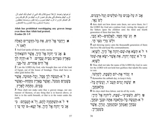‫ﻟﻢ ﺗﻌﺮﻓﻬﺎ وﺗﻌﺒﺪهﺎ. 3( ﻓﻼ ﺗﺴﻤﻊ ﻟﻜﻼم ذﻟﻚ اﻟﻨﺒﻲ أو اﻟﺤﺎﻟﻢ ذﻟ ﻚ اﻟﺤﻠ ﻢ ﻷن‬
‫اﻟﺮب إﻟﻬﻜﻢ ﻳﻤﺘﺤﻨﻜﻢ ﻟﻜﻲ ﻳﻌﻠﻢ هﻞ ﺗﺤﺒﻮن اﻟﺮب إﻟﻬﻜﻢ ﻣﻦ آﻞ ﻗﻠﻮﺑﻜﻢ وﻣ ﻦ‬
                                                                        ,‫אָבֹת ַל-בִּים ַל-שׁ ֵשׁים ְ ַל-רבּ ִים‬
                                                                            ‫ע ָ נ ע ִ לּ ִ וע ִ ֵ ע‬
‫آﻞ أﻧﻔﺴﻜﻢ. 4( وراء اﻟﺮب إﻟﻬﻜﻢ ﺗﺴﻴﺮون وإﻳﺎﻩ ﺗﺘﻘﻮن ووﺻ ﺎﻳﺎﻩ ﺗﺤﻔﻈ ﻮن‬        .‫ְשְֹׂאָי‬
                                                                            ‫ל נ‬
.‫وﺻﻮﺗﻪ ﺗﺴﻤﻌﻮن وإﻳﺎﻩ ﺗﻌﺒﺪون وﺑﻪ ﺗﻠﺘﺼﻘﻮن‬
                                                                        4  thou shalt not bow down unto them, nor serve them; for I
                                                                        the LORD thy God am a jealous God, visiting the iniquity of
Allah has prohibited worshipping any graven image                       the fathers upon the children unto the third and fourth
even those that Allah had praised.                                      generation of them that hate Me;
Exodus 20: 1-9
                                                                        ,‫ה ְעֹשׂה ח ֶד, לאל ִים-- ְאֹה ַי‬
                                                                          ‫ו ֶ ֶ ס ַ ֲ ָפ ל ֲ ב‬
‫א ְַד ֵר ֱלֹ ִים, ֵת ָל-הדּב ִים הא ֶה‬
 ‫וי ַ בּ א ה א כּ ַ ְ ָ ר ָ ֵ לּ‬                                            .‫וּ ְשֹׁמ ֵי מ ְוֹ ָי‬
                                                                           ‫ל ְר ִצ ת‬
.‫ֵאמֹר‬‫ל‬                                                                 5  and showing mercy unto the thousandth generation of them
                                                                        that love Me and keep My commandments.
1 And God spoke all these words, saying:
                                                                         :‫ו לֹא ִשּׂא ֶת-שׁם-ְהָה ֱלֹ ֶיך, ַשְּׁא‬
                                                                           ‫תָ א ֵ י ו א ה ָ לָו‬
‫ב אָנֹ ִי ְהָה ֱלֹ ֶיך, ֲשׁר הוֹ ֵא ִיך‬
ָ‫צ ת‬       ֶ‫כ י ו א ה ָ א‬
                                                                        ‫ִי לֹא ְַ ֶה ְהָה, ֵת ֲשׁר-ִשּׂא ֶת-שׁמוֹ‬
                                                                           ְ ‫ינקּ י ו א א ֶ י ָ א‬           ‫כּ‬
‫מא ֶץ מצרִם מ ֵית עב ִים: לֹא-ִהֶה לך‬
ָ ְ ‫יְי‬          ‫ֵ ֶר ִ ְ ַי ִבּ ֲ ָד‬
                                                                         .‫ַשְּׁא‬
                                                                           ‫לָו‬
 .‫ֱלֹ ִים אח ִים, ַל-פָּי‬
   ‫א ה ֲ ֵ ר ע ָנ‬                                                       6 Thou shalt not take the name of the LORD thy God in vain;
2  I am the LORD thy God, who brought thee out of the land              for the LORD will not hold him guiltless that taketh His name
of Egypt, out of the house of bondage. Thou shalt have no               in vain.
other gods before Me.
                                                                         .‫ז ָכוֹר ֶת-יוֹם ַשּׁ ָת, לק ְשׁוֹ‬
                                                                            ‫ה ַ בּ ְ ַדּ‬       ‫ז א‬
‫ג לֹא-ת ֲשׂה לך פ ֶל, ְָל- ְמוָּה, ֲשׁר‬
  ֶ ‫ַ ע ֶ ְ ָ ֶ ס וכ תּ נ א‬                                              7 Remember the sabbath day, to keep it holy.
‫ַשּׁמִם ממּ ַל, ַ ֲשׁר ָאָ ֶץ מתּ ַת--ַ ֲשׁר‬
  ֶ ‫בּ ָ ַ י ִ ַ ע וא ֶ בּ ר ִ ָ ח וא‬                                     -‫ח שׁשׁת ָ ִים תּ ֲבֹד, ְ ָשׂית ָל‬
                                                                           ‫וע ִ ָ כּ‬    ‫ֵ ֶ ימ ַ ע‬
 .‫בּמִּם, מתּ ַת ָאָ ֶץ‬
   ‫ַ ַי ִ ַח ל ר‬                                                         .‫מ ַאכתּך‬
                                                                          ָ ֶ ְ ‫ְל‬
3  Thou shalt not make unto thee a graven image, nor any
                                                                        8 Six days shalt thou labour, and do all thy work;
manner of likeness, of any thing that is in heaven above, or
that is in the earth beneath, or that is in the water under the          :‫ט ְיוֹם, ַשּׁ ִי ִי--שׁ ָת, ַיהָה ֱלֹ ֶיך‬
                                                                          ָ ‫הְב ע ַבּ ל ו א ה‬                     ‫ו‬
earth;
‫ד לֹא- ִשׁתּחֶה ל ֶם, ְלֹא תעב ֵם: ִי‬
 ‫ָ ָ ְד כּ‬       ‫ת ְ ַ ֲ ו ָה ו‬                                          ,‫לֹא-ת ֲשׂה ָל-מ ָא ָה אַ ָה וּבְך וּבתּך‬
                                                                         ָ ֶ ִ ָ‫ַ ע ֶ כ ְל כ תּ ִנ‬
‫אָנֹ ִי ְהָה ֱלֹ ֶיך, ֵל קָא--פֹּ ֵד ֲוֹן‬
   ‫ק ע‬       ‫כ י ו א ה ָ א ַנּ‬                                           ‫עבדּך ַאמתך וּבהמתּך, ְֵרך, ֲשׁר‬
                                                                          ֶ ‫ַ ְ ְ ָ ו ֲ ָ ְ ָ ְ ֶ ְ ֶ ָ וג ְ ָ א‬
                                                                         .‫ִשׁע ֶיך‬
                                                                          ָ ‫בּ ְ ָר‬
                                                                   57   58
 
