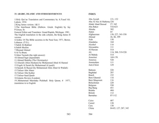 15. ARABIC, ISLAMIC AND OTHER REFERENCES                          INDEX

1.Holy Qur’an Translation and Commentary by A.Yusuf Ali.          Abu Ayoub             131, 132
Lahore. 1934.                                                     Abu Al Ala Al Hathrmy 228
2.King James version. 1&11                                        Abdul Ahad Dawad      27, 345
3.The Interlinear Bible (Hebrew. Greek. English) by Jay           Abu Baker             516-623
P.Green, Sr.                                                      Abraha                302
General Editor and Translator. Grand Rapids, Michigan. 1981.      Adam                  65
The English translation in the side column, the King James II     Afghanistan           130, 227, 341-358
version.                                                          Ahmad                 26, 86, 399
4.Arabic 10 The Bible societies in the Near East, 1971, Beirut,   Aids                  130
Lebanon. (T.O.).                                                  Alandalus             164
5.Sahih Al-Bukhari                                                Alcohol               114
6.Sahih Muslim                                                    Alexandria            111
7.Musnad Ahmed                                                    Al Hassan             514
8.Al Ta Brani.                                                    Ali                   114, 300, 519-520
9.Aben Taymeh (the right answer)                                  Al Mahdy              514
10.Ahmed Sqar (alqrutebah)                                        Amorites              169-170
11.Ahmed Shaleby (The Christianity)                               America               528
12.Alserah (Aben Hesham) by Mohammed Abed Al Hamed                Amsterdam             111
13.Fegeh Al Serah (by Mohammad Al jazali)                         Anti-Christ           129
14.Searah Al Rassul (by Mohammed Abin Abed Al Wahab)
15.Tafsser Abn Abass                                              Bahrain               228
16.Tafsser Abn Kather                                             Baghdad               287
17.Tafsser Saed Quteb                                             Beach                 152
18.Islamic Review (London)                                        Beni Ghamid           116
19..Mohammed Marrduke Pickthall. Holy Quran, 4 1977,              Beni Maqzoum          116
translation in to English                                         Beluchistan           228
                                                                  Belgium               530
                                                                  Big Bang              451
                                                                  Bombs                 484
                                                                  British               112
                                                                  Barnabas              87-112

                                                                  Cairo                 487
                                                                  Camel                 130
                                                                  Cars                  130
                                                                  China                 84-85, 127, 287, 345

                                                          583     584
 