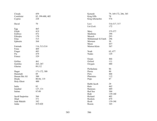 Clouds            459                      Keturah             79, 169-172, 286, 385
Comforter         85, 399-400, 405         King Offa           78
Cyprus            228                      King Jehoiachin     574

David             79                       Levi                316-317, 517
                                           Lot (Lut)           172
Egg               465
Elijah            419                      Mary                375-377
Embryo            472                      Manhmia             399
Ethiopia          170                      Mesech              293
Elias             515                      Mohammad Al Fateh   296
Ephraim           364                      Mormon              30
                                           Moon                457
Fatimah           116, 513-514             Morton Klein        567
Fetus             469
Finger            483                      Noah                65, 477
Fly               479                      Nudes               129
France            529
                                           Ocean               466
Gelileo           461                      Oxford              111
Gentiles          263, 287                 Oxygen              480
Glasius           89,112
                                           Perikalutas         86
Hagar             171-172, 300             Persia              80
Hanainah          69                       Peru                446
Hassan Bin Ali    300                      Pharmino            112
Hindu             80-84, 119               Pope                87
Holy Ghost        400
                                           Rabbi Jacob         29
India             82                       Rain                462
Istanbul          127, 131                 Rameses             489
Italian           87-89                    Red Sea             304
                                           Riah                139-140
Jacob Sasportus   566                      Richard             402
Jihad             571                      Rockets             479
Juda Makabi       342                      Rooh                139-140
Judas             419-420                  Russia              345


                                     585   586
 