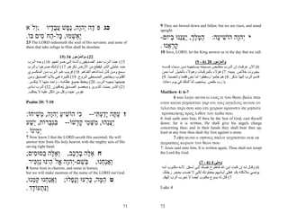 9 They are bowed down and fallen; but we are risen, and stand
‫כג פֹּ ֶה ְהָה, ֶ ֶשׁ עב ָיו ;ְלֹא‬
    ‫ו‬     ‫ד י ו נפ ֲ ָ ד‬                                               upright.
.‫ֶ ְשׁמוּ, ָל- ַחֹ ִים בּוֹ‬
      ‫יא ְ כּ ה ס‬                                                       -‫המּלך, ַעֵנוּ ְיוֹם‬
                                                                            ‫ַ ֶ ֶ ְ יֲנ ב‬                  :‫י ְהָה הוֹשׁי ָה‬
                                                                                                             ‫ִ ע‬     ‫י ו‬
23 The LORD redeemeth the soul of His servants; and none of
them that take refuge in Him shall be desolate.                        . ‫קר ֵנוּ‬
                                                                           ‫ָ ְא‬
                                                                       10 Save, LORD; let the King answer us in the day that we call.
                       15) 34 ‫22(–واﻟﻤﺰﻣﻮر‬
‫51( ﻋﻴﻨ ﺎ اﻟ ﺮب ﻧﺤ ﻮ اﻟﺼ ﺪﻳﻘﻴﻦ وأذﻧ ﺎﻩ إﻟ ﻰ ﺻ ﺮاﺧﻬﻢ. 61( وﺟ ﻪ اﻟ ﺮب‬                              (9 - 6) 20 ‫واﻟﻤﺰﻣﻮر‬
‫ﺿﺪ ﻋﺎﻣﻠﻲ اﻟﺸﺮ ﻟﻴﻘﻄﻊ ﻣﻦ اﻷرض ذآﺮهﻢ. 71( أؤﻟﺌ ﻚ ﺻ ﺮﺧﻮا واﻟ ﺮب‬             ‫6( اﻵن ﻋﺮﻓ ﺖ إن اﻟ ﺮب ﻣﺨﻠ ﺺ ﻣﺴ ﻴﺤﻪ ﻳﺴ ﺘﺠﻴﺒﻪ ﻣ ﻦ ﺳ ﻤﺎء ﻗﺪﺳ ﻪ‬
‫ﺳ ﻤﻊ وﻣ ﻦ آ ﻞ ﺷ ﺪاﺋﺪهﻢ أﻧﻘ ﺬهﻢ. 81( ﻗﺮﻳ ﺐ ه ﻮ اﻟ ﺮب ﻣ ﻦ اﻟﻤﻨﻜﺴ ﺮي‬       ‫ﺑﺠﺒﺮوت ﺧﻼص ﻳﻤﻴﻨﻪ. 7( هﺆﻻء ﺑﺎﻟﻤﺮآﺒ ﺎت وه ﺆﻻء ﺑﺎﻟﺨﻴ ﻞ. أﻣ ﺎ ﻧﺤ ﻦ‬
‫اﻟﻘﻠ ﻮب وﻳﺨﻠ ﺺ اﻟﻤﻨﺴ ﺤﻘﻲ اﻟ ﺮوح. 91( آﺜﻴ ﺮة ه ﻲ ﺑﻼﻳ ﺎ اﻟﺼ ﺪﻳﻖ وﻣ ﻦ‬      (9 .‫ﻓﺎﺳﻢ اﻟﺮب إﻟﻬﻨﺎ ﻧﺬآﺮ. 8( هﻢ ﺟﺜﻤﻮا وﺳﻘﻄﻮا أﻣﺎ ﻧﺤﻦ ﻓﻘﻤﻨﺎ واﻧﺘﺼﺒﻨﺎ‬
.‫ﺟﻤﻴﻌﻬ ﺎ ﻳﻨﺠﻴ ﻪ اﻟ ﺮب. 02( ﻳﺤﻔ ﻆ ﺟﻤﻴ ﻊ ﻋﻈﺎﻣ ﻪ ، واﺣ ﺪ ﻣﻨﻬ ﺎ ﻻ ﻳﻨﻜﺴ ﺮ‬    .‫ﻳﺎ رب ﺧﻠﺺ. ﻳﺴﺘﺠﻴﺐ ﻟﻨﺎ اﻟﻤﻠﻚ ﻓﻲ ﻳﻮم دﻋﺎﺋﻨﺎ‬
‫12( اﻟﺸ ﺮ ﻳﻤﻴ ﺖ اﻟﺸ ﺮﻳﺮ وﻣﺒﻐﻀ ﻮ اﻟﺼ ﺪﻳﻖ ُﻌ ﺎﻗﺒﻮن. 22( اﻟ ﺮب ﻧ ﺎدى‬
                          ‫ﻳ‬
.‫ﻧﻔﻮس ﻋﺒﻴﺪﻩ وآﻞ ﻣﻦ اﺗﻜﻞ ﻋﻠﻴﻪ ﻻ ﻳﻌﺎﻗﺐ‬                                   Matthew 4: 6-7
                                                                              6 και λεγει αυτω ει υιος ει του θεου βαλε σεα
Psalm 20: 7-10                                                         υτον κατω γεγραπται γαρ οτι τοις αγγελοις αυτου εν
                                                                       τελειται περι σου και επι χειρων αρουσιν σε μηποτε
:‫ז ע ָה ָדע ִי-- ִי הוֹשׁיע ְהָה, ְשׁיחוֹ‬
     ִ‫כּ ִ ַ י ו מ‬         ‫ַ תּ יַ ְ תּ‬                                    προσκοψης προς λιθον τον ποδα σου
                                                                       6 And saith unto him, If thou be the Son of God, cast thyself
‫ַעֵהוּ, ִשּׁ ֵי ק ְשׁוֹ-- בְּ ֻרוֹת, ֵשׁע‬
  ַ‫י‬     ‫ִ גב‬      ‫יֲנ מ ְ מ ָד‬                                        down: for it is written, He shall give his angels charge
                                                                       concerning thee; and in their hands they shall bear thee up,
. ‫ְ ִינוֹ‬
     ‫ימ‬                                                                least at any time thou dash thy foot against a stone.
7 Now know I that the LORD saveth His anointed; He will                        7 εφη αυτω ο ιησους παλιν γεγραπται ουκ εκ
answer him from His holy heaven with the mighty acts of His            πειρασεις κυριον τον θεον σου
saving right hand.                                                     7. Jesus said unto him, It is written again, Thou shalt not tempt
;‫ח א ֶה בר ֶב, ְא ֶה ַסּוּ ִים‬
    ‫וֵלּ ב ס‬          ‫ֵלּ ָ ֶכ‬                                           the Lord thy God.

. ‫ְשׁם-ְהָה ֱלֹ ֵינוּ ְַ ִיר‬
    ‫ַאַ ְנוּ, בּ ֵ י ו א ה נזכּ‬ ‫ו ֲ נח‬                                                                (7 - 6) 4 ‫وﻣﺘﻰ‬
8 Some trust in chariots, and some in horses;                           ‫6( وﻗ ﺎل ﻟ ﻪ إن آﻨ ﺖ اﺑ ﻦ اﷲ ﻓ ﺎﻃﺮح ﻧﻔﺴ ﻚ إﻟ ﻰ أﺳ ﻔﻞ. ﻷﻧ ﻪ ﻣﻜﺘ ﻮب أﻧ ﻪ‬
but we will make mention of the name of the LORD our God.               .‫ﻳﻮﺻﻲ ﻣﻼﺋﻜﺘﻪ ﺑﻚ. ﻓﻌﻠﻰ أﻳ ﺎدﻳﻬﻢ ﻳﺤﻤﻠﻮﻧ ﻚ ﻟﻜ ﻲ ﻻ ﺗﺼ ﺪم ﺑﺤﺠ ﺮ رﺟﻠ ﻚ‬
                                                                        .‫7( ﻗﺎل ﻟﻪ ﻳﺴﻮع ﻣﻜﺘﻮب أﻳﻀﺎ ﻻ ﺗﺠﺮب اﻟﺮب إﻟﻬﻚ‬
,‫ט ה ָה, כּ ְעוּ ְָ ָלוּ; ַאַ ְנוּ קּ ְנוּ‬
   ‫ו ֲ נח ַ מ‬     ‫ֵ מּ ָ ר ונפ‬
. ‫ִַ ְעוֹ ָד‬
   ‫ונּת ד‬                                                               Luke 4



                                                                  71   72
 