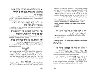 ‫ﺳﻤﻊ اﻟﺮب ﻟﻤﺬﻟﺘﻚ )ﻟﺪﻋﺎﺋﻚ(. 21( وإﻧﻪ ﻳﻜﻮن إﻧﺴﺎﻧﺎ آﺜﻴ ﺮا )ﺑ ﺎرا(. ﻳ ﺪﻩ ﻣ ﻊ‬
                                                                                          ‫ً‬      ‫ً‬      ‫ً‬
     ‫יג ַתּק ָא שׁם-ְהָה ַדֹּ ֵר א ֶיה, אַ ָה‬
      ‫וִ ְר ֵ י ו ה ב ֵל ָ תּ‬                                                   ‫اﻟﻜﻞ وﻳﺪ اﻟﻜﻞ ﻣﻌﻪ وأﻣﺎم ﺟﻤﻴﻊ اﺧﻮﺗﻪ ﻳﺴﻜﻦ. 31( ﻓﺪﻋﺖ اﺳ ﻢ اﻟ ﺮب اﻟ ﺬي‬
     ‫ֵל ר ִי: ִי אָמ ָה, הַם ֲלֹם ר ִי ִי--‬
        ‫ָא ת‬      ‫א ֳא כּ ְר ֲג ה‬                                               ‫ﺗﻜﻠﻢ ﻣﻌﻬﺎ أﻧﺖ أﻳﻞ رﺋﻲ. ﻷﻧﻬﺎ ﻗﺎﻟﺖ ﺁهﻬﻨﺎ أﻳﻀﺎ رأﻳﺖ ﺑﻌﺪ رؤﻳﺔ. 41( ﻟﺬﻟﻚ‬
                                                                                            ‫ٍ‬                ‫ً‬
                                                                               ‫ُﻋﻴﺖ اﻟﺒﻴﺮ ﺑﻴﺮ ﻟﺤ ﻲ رﺋ ﻲ. ه ﺎ ه ﻲ ﺑ ﻴﻦ ﻗ ﺎدش وﺑ ﺎرد. 51( ﻓﻮﻟ ﺪت ه ﺎﺟﺮ‬   ‫د‬
                              ‫אַח ֵי רֹ ִי .‬
                                 ‫ֲר א‬                                          ‫ﻹﺑﺮام اﺑﻨﺎ ، ودﻋﺎ إﺑﺮام اﺳ ﻢ اﺑﻨ ﻪ اﻟ ﺬي وﻟﺪﺗ ﻪ ه ﺎﺟﺮ إﺳ ﻤﺎﻋﻴﻞ. 61( وآ ﺎن‬
                                                                                                                                              ‫ً‬
‫,‪13 And she called the name of the LORD that spoke unto her‬‬                                        ‫إﺑﺮام ﺳﺖ وﺛﻤﺎﻧﻴﻦ ﺳﻨﺔ ﻟﻤﺎ وﻟﺪت هﺎﺟﺮ إﺳﻤﺎﻋﻴﻞ ﻹﺑﺮام.‬
‫‪Thou art a God of seeing; for she said: 'Have I even here seen‬‬
‫'?‪Him that seeth Me‬‬                                                            ‫,‪God told Abraham to sacrifice his first born son‬‬
                                                                               ‫‪Ishmael when he was 14. This happened 1 year‬‬
     ‫יד ַל- ֵן ק ָא לבּ ֵר, בּ ֵר ל ַי רֹ ִי--‬
        ‫ע כּ ָ ר ַ ְא ְא ַח א‬                                                   ‫‪before the birth of Isaac. Abraham wishes his son‬‬
                   ‫הֵה ֵין-ק ֵשׁ, וּ ֵין בּ ֶד .‬
                       ‫ִנּ ב ָד ב ָר‬                                            ‫‪could live‬‬
‫‪14 Wherefore the well was called 'Beer-lahai-roi; behold, it is‬‬                ‫81 :71 ‪Genesis‬‬
‫.‪between Kadesh and Bered‬‬
    ‫טו ַתּ ֶד הָר ְאַב ָם, ֵן; ִַק ָא אַב ָם‬
     ‫ו ֵ ל ָ ג ל ְ ר בּ ויּ ְ ר ְ ר‬                                                   ‫יח ַיֹּאמר אַבר ָם, ֶל-ה ֱלֹ ִים: לוּ‬
                                                                                          ‫ו ֶ ְ ָה א ָא ה‬
        ‫שׁם- ְנוֹ ֲשׁר-ָל ָה הָר, ִשׁמ ֵאל .‬
            ‫ֶ בּ א ֶ יְד ָ ג י ְ ָ ע‬                                                                ‫ִשׁמ ֵאל, ִחֶה לפֶיך .‬
                                                                                                     ‫י ְ ָ ע י ְ י ְ ָנ ָ‬
‫‪15 And Hagar bore Abram a son; and Abram called the name‬‬                       ‫‪18 And Abraham said unto God: 'Oh that Ishmael might‬‬
‫.‪of his son, whom Hagar bore, Ishmael‬‬                                          ‫'!‪live before Thee‬‬

   ‫טז ְאַב ָם, ֶן-שׁמִֹים שָׁה ְשׁשׁ שִׁים,‬
      ‫ו ְר בּ ְ נ ָ נ ו ֵ ָ נ‬                                                  ‫‪Abraham lived 175 years and when he was of good‬‬
          ‫בּל ֶת-הָר ֶת-ִשׁמ ֵאל, ְאַב ָם.‬
            ‫ְ ֶד ָ ג א י ְ ָ ע ל ְר‬                                           ‫.‪age he died‬‬
                                                                              ‫.01-7 :52 ‪Gen‬‬
‫‪16 And Abram was fourscore and six years old, when Hagar‬‬
‫.‪bore Ishmael to Abram‬‬
                            ‫اﻟﺘﻜﻮﻳﻦ 61 )1‬                                           ‫ז ְא ֶה, ְ ֵי שֵׁי-חֵי אַבר ָם-- ֲשׁר- ָי:‬
                                                                                      ‫ו ֵ לּ ימ ְ נ ַ יּ ְ ָ ה א ֶ ח‬
                                  ‫3(–‬
 ‫1( وأﻣﺎ ﺳﺎراي اﻣﺮأة إﺑ ﺮام ﻓﻠ ﻢ ﺗﻠ ﺪ ﻟ ﻪ. وآﺎﻧ ﺖ ﻟﻬ ﺎ ﺟﺎرﻳ ﺔ ﻣﺼ ﺮﻳﺔ اﺳ ﻤﻬﺎ‬           ‫ְאַת שָׁה ְשׁב ִים שָׁה, ְח ֵשׁ שִׁים .‬
                                                                                          ‫מ ָ נ ו ִ ְע ָ נ וָמ ָ נ‬
 ‫هﺎﺟﺮ. 2( ﻓﻘﺎﻟﺖ ﺳﺎراي ﻹﺑﺮام هﻮذا اﻟﺮب ﻗﺪ اﻣﺴ ﻜﻨﻲ ﻋ ﻦ اﻟ ﻮﻻدة. أدﺧ ﻞ‬           ‫‪7 And these are the days of the years of Abraham's life which‬‬
 ‫ﻋﻠﻰ ﺟﺎرﻳﺘﻲ. ﻟﻌﻠﻲ ُرزق ﻣﻨﻬﺎ ﺑﻨﻴﻦ ، ﻓﺴﻤﻊ إﺑﺮام ﻟﻘﻮل ﺳﺎري. 3( ﻓﺄﺧ ﺬت‬
                                                         ‫أ‬                    ‫.‪he lived, a hundred threescore and fifteen years‬‬
 ‫ﺳﺎراي اﻣ ﺮأة إﺑ ﺮام ه ﺎﺟﺮ اﻟﻤﺼ ﺮﻳﺔ ﺟﺎرﻳﺘﻬ ﺎ ﻣ ﻦ ﺑﻌ ﺪ ﻋﺸ ﺮ ﺳ ﻨﻴﻦ ﻹﻗﺎﻣ ﺔ‬
                   ‫إﺑﺮام ﻓﻲ أرض آﻨﻌﺎن وأﻋﻄﺘﻬﺎ ﻹﺑﺮام رﺟﻠﻬﺎ زوﺟﺔ ﻟﻪ.‬
                    ‫ُ‬
                                                                                    ‫ח ְִַַע ַָ ָת אַבר ָם ְשׂי ָה טוֹ ָה, ָ ֵן‬
                                                                                     ‫ויּגו ויּמ ְ ָ ה בּ ֵ ב ב זק‬
                                                                                                     ‫ְשׂבע; ֵַאָ ֶף, ֶל-ע ָיו .‬
                                                                                                         ‫ו ָ ֵ ַ ויּ ס א ַ מּ‬
                        ‫61(–اﻟﺘﻜﻮﻳﻦ 61 )01‬                                    ‫‪8 And Abraham expired, and died in a good old age, an old‬‬
 ‫01( وﻗﺎل ﻟﻬﺎ ﻣﻼك اﻟﺮب ﺗﻜﺜﻴﺮا أآﺜﺮ ﻧﺴﻠﻚ ﻓﻼ ُﻌﺪ ﻣﻦ اﻟﻜﺜﺮة. 11( وﻗ ﺎل‬
                        ‫ﻳ‬                ‫ً‬                                    ‫.‪man, and full of years; and was gathered to his people‬‬
 ‫ﻟﻬﺎ ﻣﻼك هﺎ أﻧﺖ ﺣﺒﻠ ﻰ ﻓﺘﻠ ﺪﻳﻦ اﺑﻨ ﺎ. وﺗ ﺪﻋﻴﻦ اﺳ ﻤﻪ إﺳ ﻤﺎﻋﻴﻞ ﻷن اﻟ ﺮب ﻗ ﺪ‬
                                      ‫ً‬

                                                                      ‫351‬     ‫451‬
 