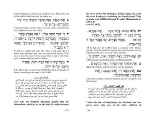 2 and all Naphtali, and the land of Ephraim and Manasseh, and    the river of the Nile (Ethiopia, Sudan, Egypt etc.) and
all the land of Judah as far as the hinder sea;                  the river Euphrates, including the Amorite land. That
   ‫ג ְ ֶת-הֶֶב, ְ ֶת-הכּ ָר בּק ַת ְ ֵחוֹ ִיר‬
     ‫וא ַ נּג וא ַ ִ כּ ִ ְ ע יר ע‬                                 promise was fulfilled through Prophet Muhammad in
                                                                 638 A.D.
                       . ‫התּמ ִים-- ַד-צֹ ַר‬
                          ‫ע‬     ‫ַ ְ ָר ע‬                         Gen 15: 18-21.
3 and the South, and the Plain, even the valley of Jericho the
city of palm-trees, as far as Zoar.                              --‫ֶת-אַב ָם‬
                                                                    ‫א ְר‬         ‫יח ַיּוֹם ַהוּא, כּ ַת ְהָה‬
                                                                                   ‫ָר י ו‬      ‫בּ ה‬
   ‫ד ַיֹּא ֶר ְהָה א ָיו, זֹאת ָאָ ֶץ ֲשׁר‬
      ֶ‫ה ר א‬            ‫ו מ י ו ֵל‬                                   ‫בּ ִית ֵאמֹר: לַרעך, ָת ִי ֶת- ָאָ ֶץ‬
                                                                       ‫ְז ְ ֲ ָ נ ַ תּ א ה ר‬       ‫ְר ל‬
,‫ִשׁבּע ִי ְאַבר ָם לִצ ָק וּלַעקֹב ֵאמֹר‬
       ‫ל‬    ֲ‫נ ְ ַ ְתּ ל ְ ָ ה ְי ְ ח ְי‬                          ‫,מְ ַר מצרִם, ַד-הָ ָר הָדֹל‬
                                                                    ‫ִ נּה ִ ְ ַ י ע ַ נּה ַ גּ‬        ‫ַזֹּאת‬‫ה‬
‫לַרעך, אתֶָּה ;הר ִי ִיך ב ֵיֶיך, ְשׁ ָה‬
 ‫ֶ ְא ת ָ ְע נ ָ ו ָ מּ‬      ‫ְ ז ְ ֲ ָ ֶ ְ ננּ‬                                                   . ‫ְ ַר-פּ ָת‬
                                                                                                  ‫נה ְ ר‬
                            . ‫לֹא ת ֲבֹר‬
                                  ‫ַע‬                             18 In that day the LORD made a covenant with Abram,
4 And the LORD said unto him: 'This is the land which I          saying: 'Unto thy seed have I given this land, from the river of
swore unto Abraham, unto Isaac, and unto Jacob, saying: I will   Egypt unto the great river, the river Euphrates;
give it unto thy seed; I have caused thee to see it with thine
eyes, but thou shalt not go over thither.'
                                                                 . ‫יט ֶת-ה ֵיִי, ְ ֶת-הקִִּי, ְ ֵת, הקּ ְמִֹי‬
                                                                    ‫א ַ קּ נ וא ַ ְ נזּ וא ַ ַ ד נ‬
                                                                 19 the Kenite, and the Kenizzite, and the Kadmonite,
          ‫ה ַָ ָת שׁם מֹשׁה ע ֶד-ְהָה, בּא ֶץ‬
           ‫ֶ ֶב י ו ְ ֶר‬             ָ ‫ויּמ‬                          . ‫כ ְ ֶת-הח ִי ְ ֶת-הפּרִי, ְ ֶת-הרפ ִים‬
                                                                        ‫וא ַ ִ תּ וא ַ ְ ִ זּ וא ָ ְ ָ א‬
                          . ‫מוֹאָב-- ַל- ִי ְהָה‬
                             ‫ע פּ י ו‬                             20 and the Hittite, and the Perizzite, and the Rephaim,
5 So Moses the servant of the LORD died there in the land of
Moab, according to the word of the LORD.
                                                                         -‫כא ְ ֶת-ה ֱמֹ ִי, ְ ֶת-הכַּעִי, ְ ֶת‬
                                                                           ‫וא ָ א ר וא ַ ְ נ ֲ נ וא‬
                          (5 - 1) 34 ‫اﻟﺘﺜﻨﻴﺔ‬
                                                                                        .‫הִרָשׁי, ְ ֶת-הְבוּ ִי‬
                                                                                          ‫ַ גּ ְ גּ ִ וא ַ י ס‬
                                                                 21 and the Amorite, and the Canaanite, and the Girgashite, and
 ‫1( وﺻﻌﺪ ﻣﻮﺳﻰ ﻣﻦ ﻋﺮﺑﺎت ﻣﻮﺁب إﻟﻰ ﺟﺒﻞ ﻧﺒﻮ إﻟﻰ رأس اﻟﻔﺴﺠﺔ اﻟﺬي‬      the Jebusite.'
 ‫ﻗﺒﺎﻟﺔ أرﻳﺤﺎ ﻓﺄراﻩ اﻟﺮب ﺟﻤﻴﻊ اﻷرض ﻣﻦ ﺟﻠﻌﺎد إﻟﻰ دان. 2( وﺟﻤﻴﻊ‬
 (3 .‫ﻧﻔﺘﺎﻟﻲ وأرض إﻓﺮاﻳﻢ وﻣﻨﺴﻲ وﺟﻤﻴﻊ أرض ﻳﻬﻮذا إﻟﻰ اﻟﺒﺤﺮ اﻟﻐﺮﺑﻲ‬                         (21 - 18)15 ‫ﻓﻔﻲ اﻟﺘﻜﻮﻳﻦ‬
 ‫واﻟﺠﻨﻮب واﻟﺪاﺋﺮة ﺑﻘﻌﺔ أرﻳﺤﺎ ﻣﺪﻳﻨﺔ اﻟﻨﺤﻞ إﻟﻰ ﺻﻮﻏﺮ. 4( وﻗﺎل ﻟﻪ‬
 ُ                                                                ‫81( ﻓﻲ ذﻟﻚ اﻟﻴﻮم ﻗﻄﻊ اﻟﺮب ﻣﻊ إﺑﺮام ﻣﻴﺜﺎﻗﺎ ﻗﺎﺋﻼ ﻟﻨﺴﻠﻚ أﻋﻄﻲ هﺬﻩ‬
                                                                                   ً ً
 ‫اﻟﺮب هﺬﻩ هﻲ اﻷرض اﻟﺘﻲ أﻗﺴﻤﺖ ﻹﺑﺮاهﻴﻢ وإﺳﺤﻖ وﻳﻌﻘﻮب ﻗﺎﺋﻼ‬
 ً                                                                ‫اﻷرض ﻣﻦ ﻧﻬﺮ ﻣﺼﺮ إﻟﻰ اﻟﻨﻬﺮ اﻟﻜﺒﻴﺮ ﻧﻬﺮ اﻟﻔﺮات. 91( اﻟﻘﻴﻨﻴﻴﻦ‬
 ‫ﻟﻨﺴﻠﻚ أﻋﻄﻴﻬﺎ ﻗﺪ أرﻳﺘﻚ إﻳﺎهﺎ ﺑﻌﻴﻨﻴﻚ وﻟﻜﻨﻚ هﻨﺎك ﻻ ﺗﻌﺒﺮ. 5( ﻓﻤﺎت‬    .‫واﻟﻘﻨﺰﻳﻴﻦ واﻟﻘﺪﻣﻮﻧﻴﻴﻦ. 02( واﻟﺤﻴﺜﻴﻴﻦ واﻟﻔﺮزﻳﻴﻦ واﻟﺮﻓﺎﺋﻴﻴﻦ‬
 .‫هﻨﺎك ﻣﻮﺳﻰ ﻋﺒﺪ اﻟﺮب ﻓﻲ أرض ﻣﻮﺁب ﺣﺴﺐ ﻗﻮل اﻟﺮب‬                     .‫12(واﻷﻣﻮرﻳﻴﻦ واﻟﻜﻨﻌﺎﻧﻴﻴﻦ واﻟﺠﺮﺟﺎﺷﻴﻦ واﻟﻴﺒﻮﺳﻴﻴﻦ‬

God tells the Prophet Abraham (pbuh) that his                    Under the law of Inheritance the firstborn son was
descendants shall be given the land (Arabia) between             given more than any of the other children of

                                                           179   180
 