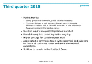 Third quarter 2015
3
 Market trends:
− Strong growth in e-commerce, parcel volumes increasing
− Continued declines in mai...