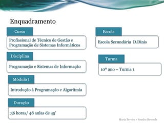 Enquadramento
Profissional de Técnico de Gestão e
Programação de Sistemas Informáticos
Curso
Disciplina
Programação e Sistemas de Informação
Módulo I
Introdução à Programação e Algoritmia
Duração
36 horas/ 48 aulas de 45’
Escola
Escola Secundária D.Dinis
Turma
10º ano – Turma 1
Maria Pereira e Sandra Resende
 