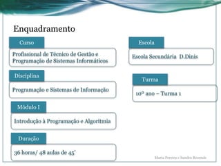 Enquadramento
Profissional de Técnico de Gestão e
Programação de Sistemas Informáticos
Curso
Disciplina
Programação e Sistemas de Informação
Módulo I
Introdução à Programação e Algoritmia
Duração
36 horas/ 48 aulas de 45’
Escola
Escola Secundária D.Dinis
Turma
10º ano – Turma 1
Maria Pereira e Sandra Resende
 