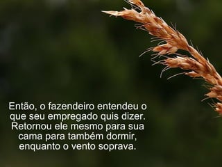 Então, o fazendeiro entendeu o que seu empregado quis dizer. Retornou ele mesmo para sua cama para também dormir, enquanto o vento soprava. 
