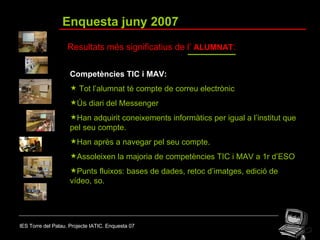 IES Torre del Palau. Projecte IATIC. Enquesta 07 Enquesta juny 2007 Resultats més significatius de l’  ALUMNAT : Competències TIC i MAV: Tot l’alumnat té compte de correu electrònic Ús diari del Messenger Han adquirit coneixements informàtics per igual a l’institut que pel seu compte.  Han après a navegar pel seu compte. Assoleixen la majoria de competències TIC i MAV a 1r d’ESO  Punts fluixos: bases de dades, retoc d’imatges, edició de vídeo, so. 