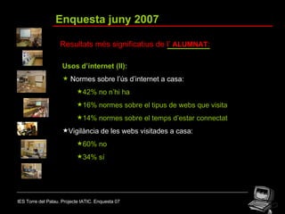 IES Torre del Palau. Projecte IATIC. Enquesta 07 Enquesta juny 2007 Resultats més significatius de l’  ALUMNAT : Usos d’internet (II): Normes sobre l’ús d’internet a casa:   42% no n’hi ha 16% normes sobre el tipus de webs que visita  14% normes sobre el temps d’estar connectat   Vigilància de les webs visitades a casa: 60% no 34% sí   