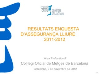 RESULTATS ENQUESTA
D’ASSEGURANÇA LLIURE
         2011-2012



              Àrea Professional
Col·legi Oficial de Metges de Barcelona
       Barcelona, 9 de novembre de 2012
                                          AN
 