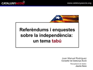 Referèndums i enquestes sobre la independència:  un tema  tabú Juan Manuel Rodríguez Conseller de Catalunya Acció Recopilació de dades: Jaume Sanz 