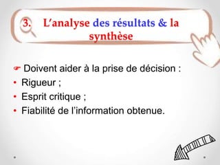  Doivent aider à la prise de décision :
• Rigueur ;
• Esprit critique ;
• Fiabilité de l’information obtenue.
3. L’analyse des résultats & la
synthèse
 