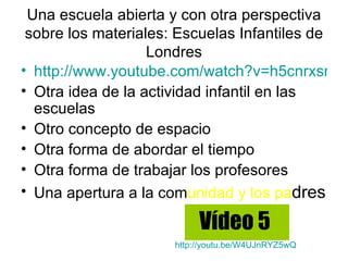 Una escuela abierta y con otra perspectiva
 sobre los materiales: Escuelas Infantiles de
                   Londres
• http://www.youtube.com/watch?v=h5cnrxsnLv
• Otra idea de la actividad infantil en las
  escuelas
• Otro concepto de espacio
• Otra forma de abordar el tiempo
• Otra forma de trabajar los profesores
• Una apertura a la comunidad y los padres

                          Vídeo 5
                     http://youtu.be/W4UJnRYZ5wQ
 