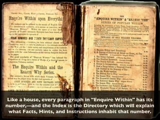 Like a house, every paragraph in "Enquire Within" has its
number,—and the Index is the Directory which will explain
what Facts, Hints, and Instructions inhabit that number.
 