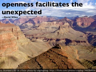 cc licensed ( BY SA ) flickr photo by cogdogblog: http://flickr.com/photos/cogdog/344384924/
openness facilitates the
unexpected
--David Wiley
 