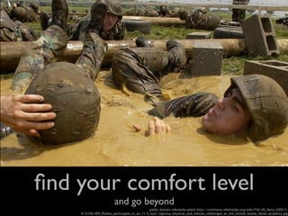 ﬁnd your comfort level
and go beyond
public domain wikmedia photo http://commons.wikimedia.org/wiki/File:US_Navy_030513-
N-5319A-009_Plebes_participate_in_an_11.5_hour_rigorous_physical_and_mental_challenges_at_the_United_States_Naval_Academy.jpg
 