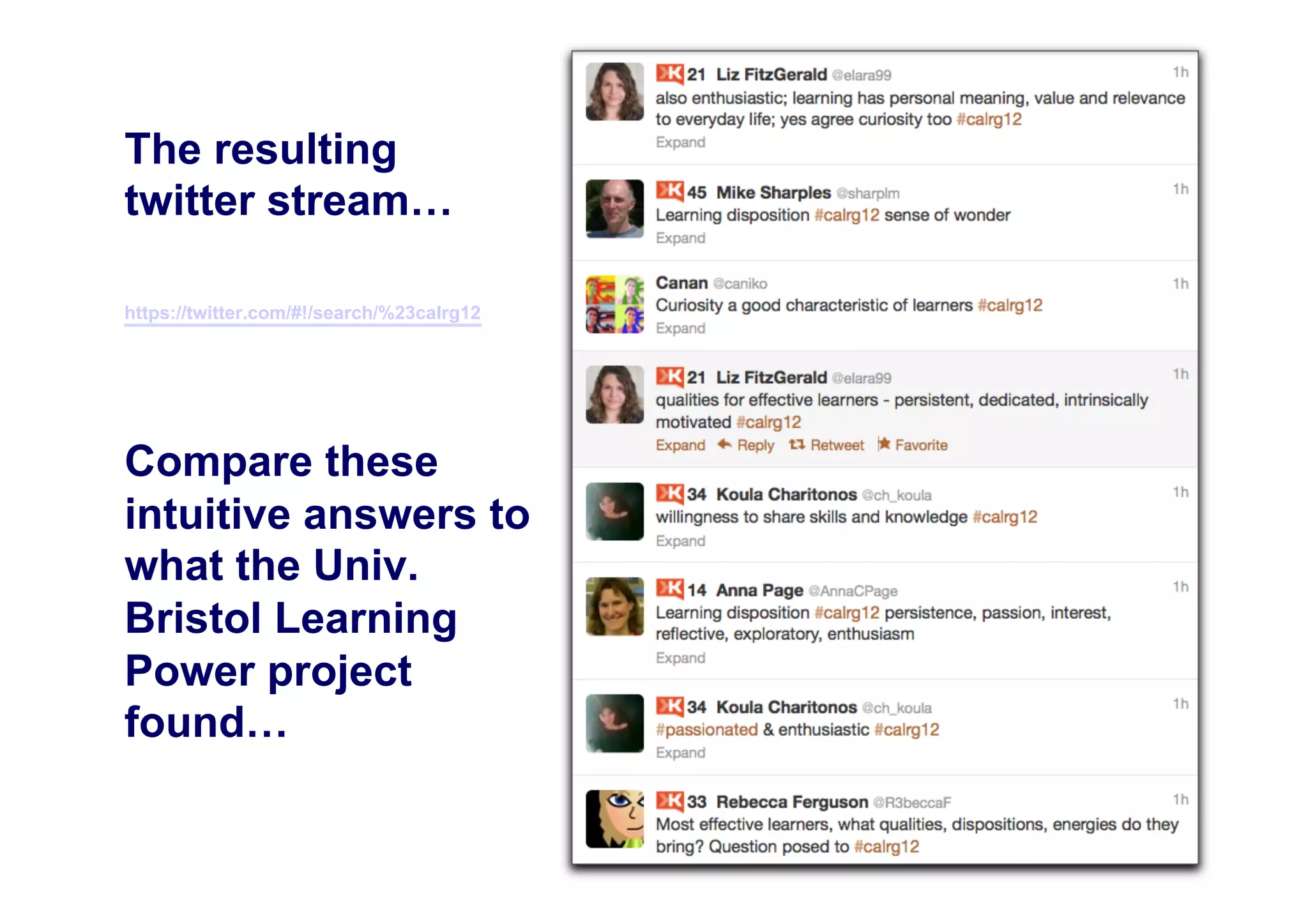 The resulting
twitter stream…

https://twitter.com/#!/search/%23calrg12




Compare these
intuitive answers to
what the Univ.
Bristol Learning
Power project
found…

                                           19
 