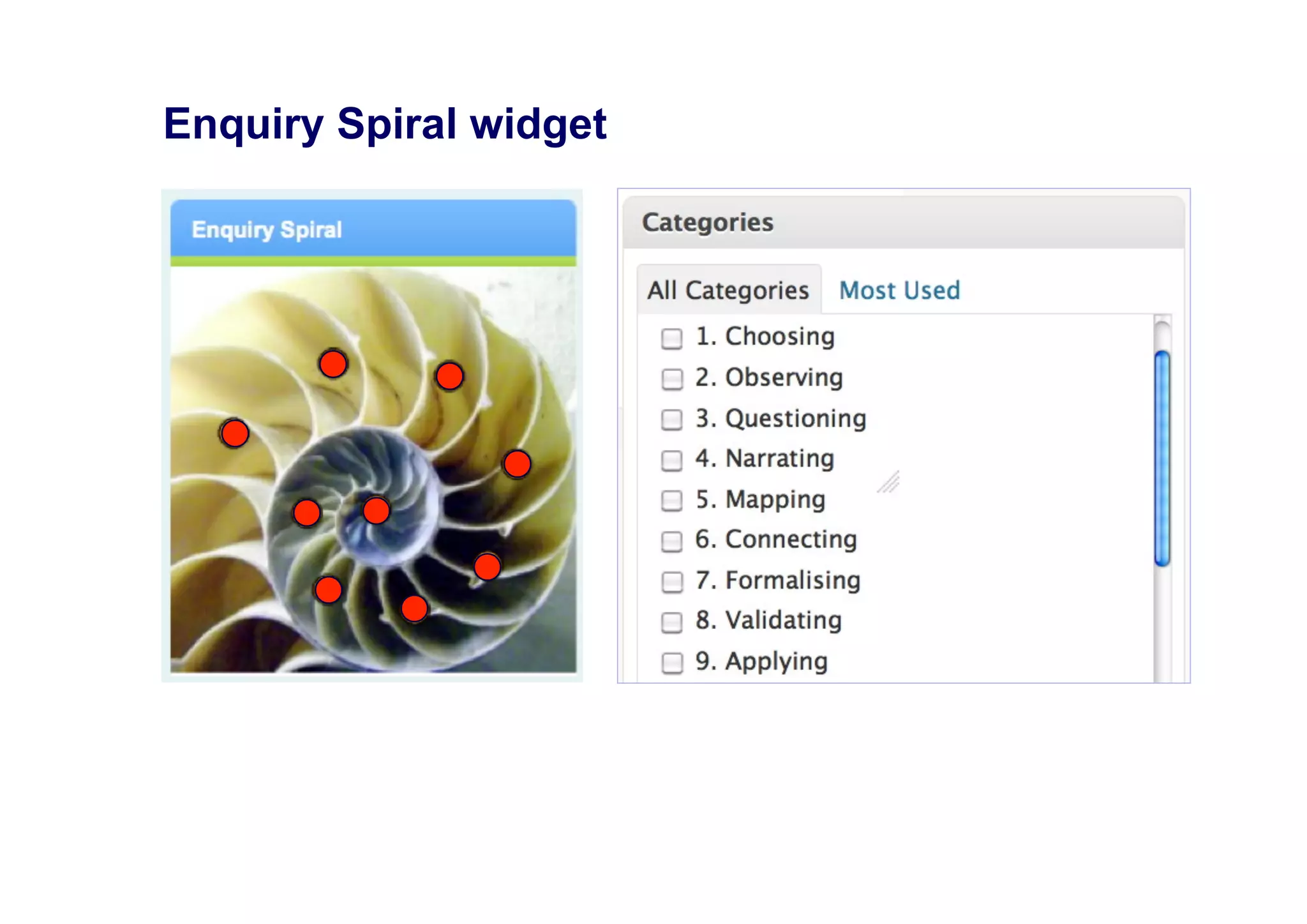 Composing and categorising a blog post


                           Categories relating to
                          authentic enquiry, which
                            are visualized by the
                                   plugins




  Standard blog editor,
   including option to
    embed multimedia
 