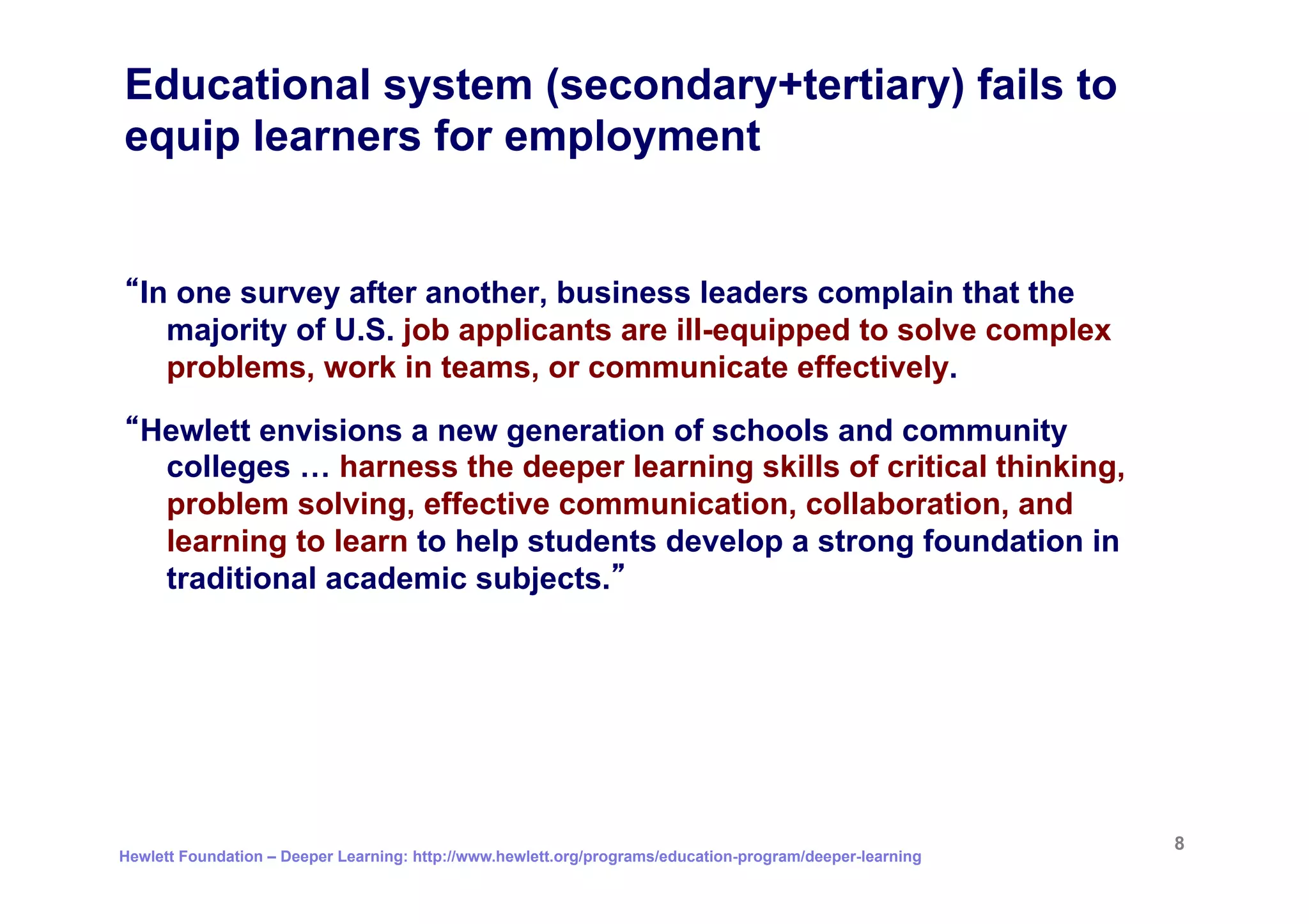 Educational system (secondary+tertiary) fails to
equip learners for employment


  In one survey after another, business leaders complain that the
    majority of U.S. job applicants are ill-equipped to solve complex
    problems, work in teams, or communicate effectively.

  Hewlett envisions a new generation of schools and community
   colleges … harness the deeper learning skills of critical thinking,
   problem solving, effective communication, collaboration, and
   learning to learn to help students develop a strong foundation in
   traditional academic subjects.




                                                                                                          8
Hewlett Foundation – Deeper Learning: http://www.hewlett.org/programs/education-program/deeper-learning
 