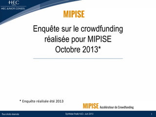 Enquête sur le crowdfunding
réalisée pour MIPISE
Octobre 2013*

*	
  Enquête	
  réalisée	
  été	
  2013	
  
Tous droits réservés

Synthèse finale HJC– Juin 2013

1

 