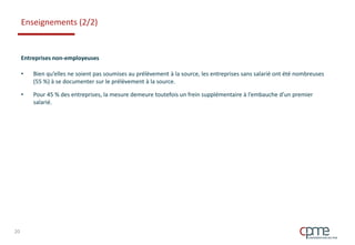Enseignements (2/2)
Entreprises non-employeuses
• Bien qu’elles ne soient pas soumises au prélèvement à la source, les entreprises sans salarié ont été nombreuses
(55 %) à se documenter sur le prélèvement à la source.
• Pour 45 % des entreprises, la mesure demeure toutefois un frein supplémentaire à l’embauche d’un premier
salarié.
20
 
