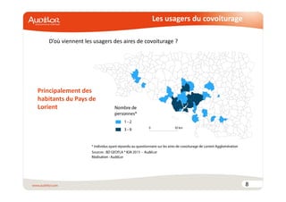 Les usagers du covoiturage 
8 
D’où viennent les usagers des aires de covoiturage ? 
Principalement des 
habitants du Pays de 
Lorient 
 