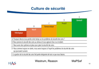 Culture de sécurité

Westrum, Reason

MaPSaf
13

 