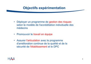 Objectifs expérimentation

• Déployer un programme de gestion des risques
selon le modèle de l'accréditation individuelle des
médecins
• Promouvoir le travail en équipe
• Assurer l'articulation avec le programme
d'amélioration continue de la qualité et de la
sécurité de l'établissement et le DPC

5

 