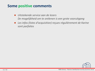 NBB Library - Patrons Satisfaction Survey (Summer 2013)13 / 56
Some positive comments
● Uitstekende service aan de lezers
De mogelijkheid om te ontlenen is een grote vooruitgang
● Les infos (listes d’acquisition) reçues régulièrement de Karine
sont parfaites
 