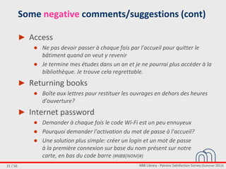 NBB Library - Patrons Satisfaction Survey (Summer 2013)15 / 56
Some negative comments/suggestions (cont)
► Access
● Ne pas devoir passer à chaque fois par l'accueil pour quitter le
bâtiment quand on veut y revenir
● Je termine mes études dans un an et je ne pourrai plus accéder à la
bibliothèque. Je trouve cela regrettable.
► Returning books
● Boîte aux lettres pour restituer les ouvrages en dehors des heures
d'ouverture?
► Internet password
● Demander à chaque fois le code Wi-Fi est un peu ennuyeux
● Pourquoi demander l'activation du mot de passe à l'accueil?
● Une solution plus simple: créer un login et un mot de passe
à la première connexion sur base du nom présent sur notre
carte, en bas du code barre (#NBB[NOM]#)
 