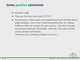 NBB Library - Patrons Satisfaction Survey (Summer 2013)26 / 56
Some positive comments
● Excellent staff
● They are the best team ever!!!!!!!!!!!
● To be honest, I have never ever experienced such friendly library
staff members. Every time I need something they are always
willing to help me or give me some advice. I like their friendly
and positive attitude. Personally, I feel like I am a part of the
Library family/community.
Thank you for providing excellent services :)
 