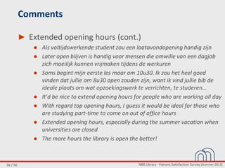 NBB Library - Patrons Satisfaction Survey (Summer 2013)36 / 56
Comments
► Extended opening hours (cont.)
● Als voltijdswerkende student zou een laatavondopening handig zijn
● Later open blijven is handig voor mensen die omwille van een dagjob
zich moeilijk kunnen vrijmaken tijdens de werkuren
● Soms begint mijn eerste les maar om 10u30. Ik zou het heel goed
vinden dat jullie om 8u30 open zouden zijn, want ik vind jullie bib de
ideale plaats om wat opzoekingswerk te verrichten, te studeren…
● It’d be nice to extend opening hours for people who are working all day
● With regard top opening hours, I guess it would be ideal for those who
are studying part-time to come on out of office hours
● Extended opening hours, especially during the summer vacation when
universities are closed
● The more hours the library is open the better!
 