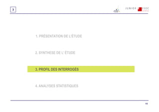 3




    1. PRÉSENTATION DE L’ÉTUDE



    2. SYNTHESE DE L’ ÉTUDE



    3. PROFIL DES INTERROGÉS



    4. ANALYSES STATISTIQUES



                                 11
 