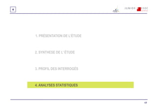 4




    1. PRÉSENTATION DE L’ÉTUDE



    2. SYNTHESE DE L’ ÉTUDE



    3. PROFIL DES INTERROGÉS



    4. ANALYSES STATISTIQUES



                                 17
 