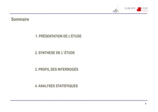 Sommaire


           1. PRÉSENTATION DE L’ÉTUDE



           2. SYNTHESE DE L’ ÉTUDE



           3. PROFIL DES INTERROGÉS



           4. ANALYSES STATISTIQUES



                                        1
 
