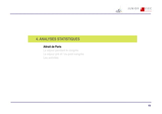 4. ANALYSES STATISTIQUES
    Attrait de Paris
    Le séjour pendant le congrès
    Le séjour pré et / ou post congrès
    Les activités




                                         19
 