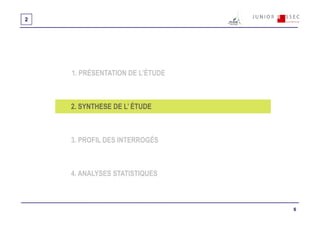 2




    1. PRÉSENTATION DE L’ÉTUDE



    2. SYNTHESE DE L’ ÉTUDE



    3. PROFIL DES INTERROGÉS



    4. ANALYSES STATISTIQUES



                                 6
 